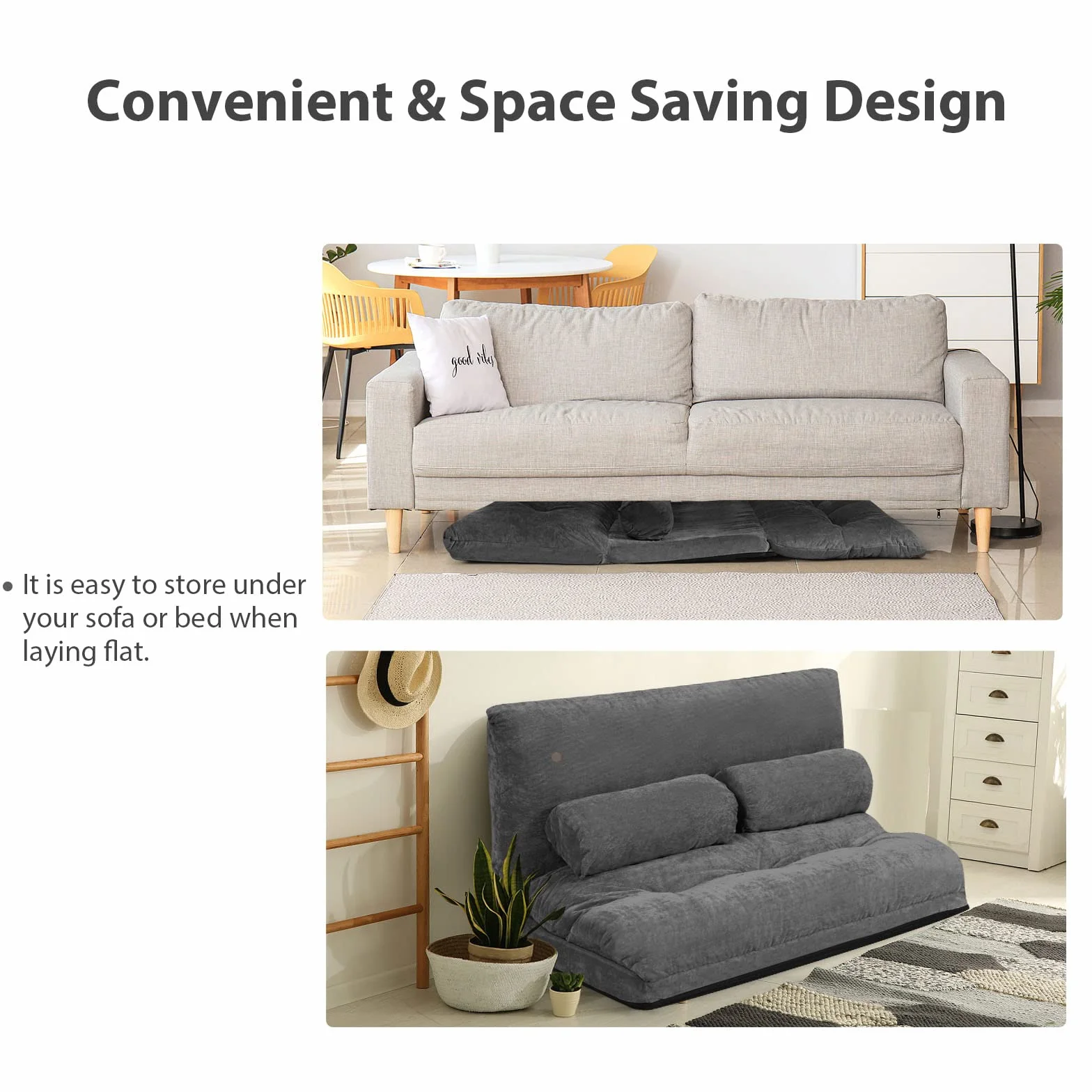 LIFEZEAL Sofa do spania 2-osobowa, składana sofa podłogowa, fotel podłogowy, regulowany w 6 pozycjach, poduszka do siedzenia z 2 poduszkami lędźwiowymi, do 150 kg, składana sofa do salonu (kolor szary