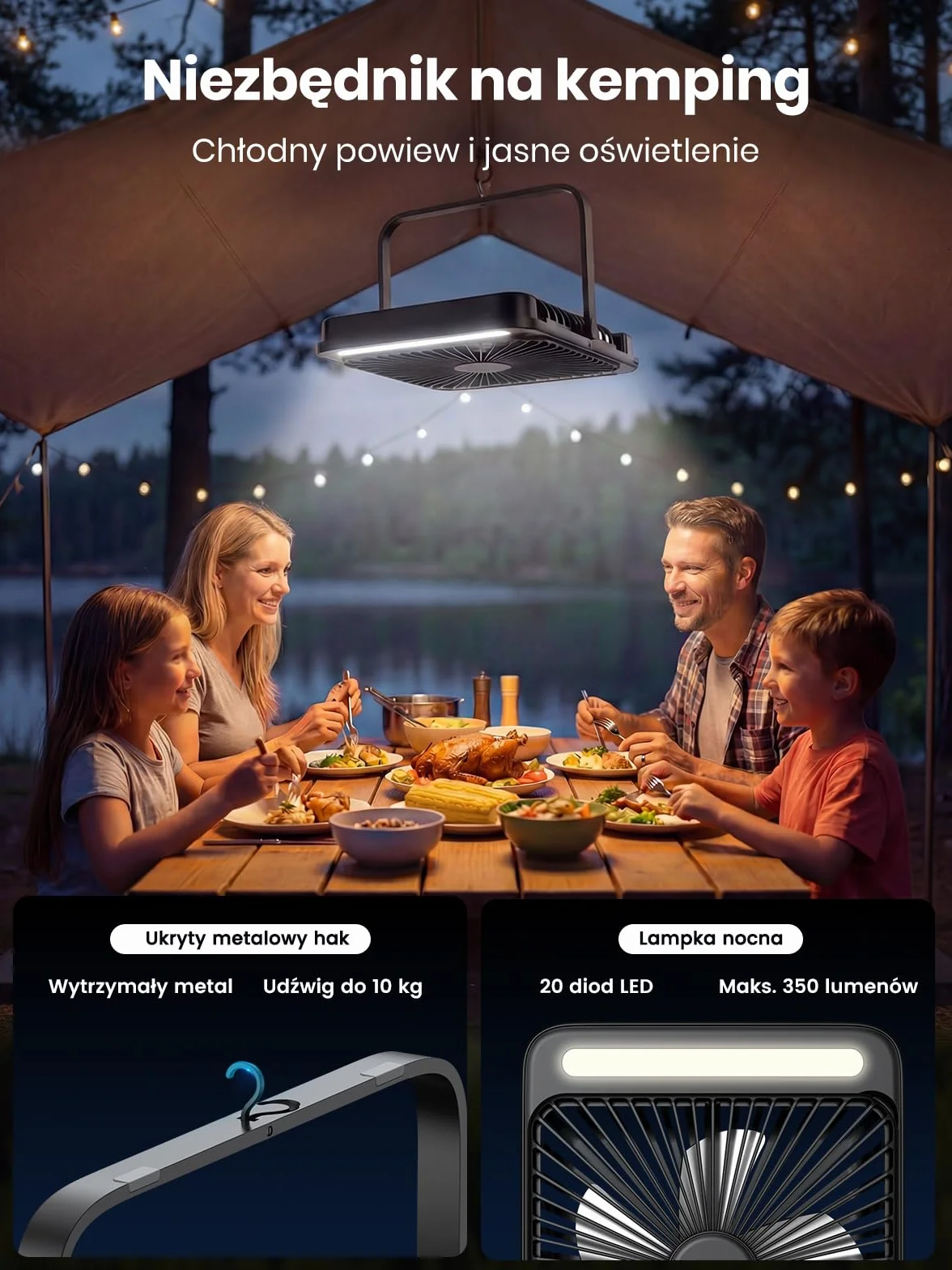 Warmco Wentylator Kempingowy 20000mAh Akumulatorowy, Płaski Wysokość 27cm z Lampką LED, Czas Pracy 48h, Przenośny Wiatrak do Namiotu, Podróży, Na Zewnątrz