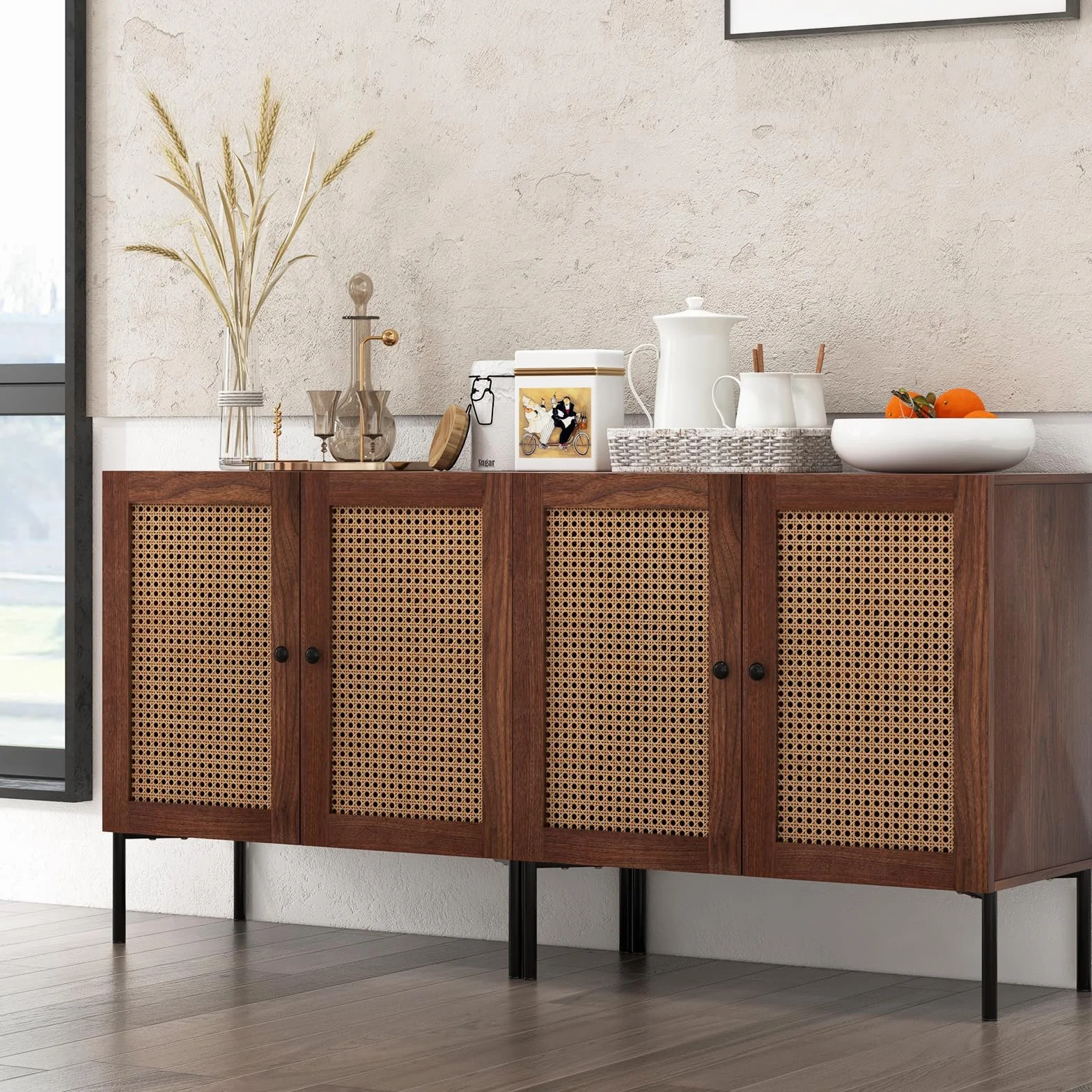 COSTWAY Kredens z 2 drzwiami rattanowymi, szafka kuchenna z drewna, 80 x 40 x 80 cm, orzech