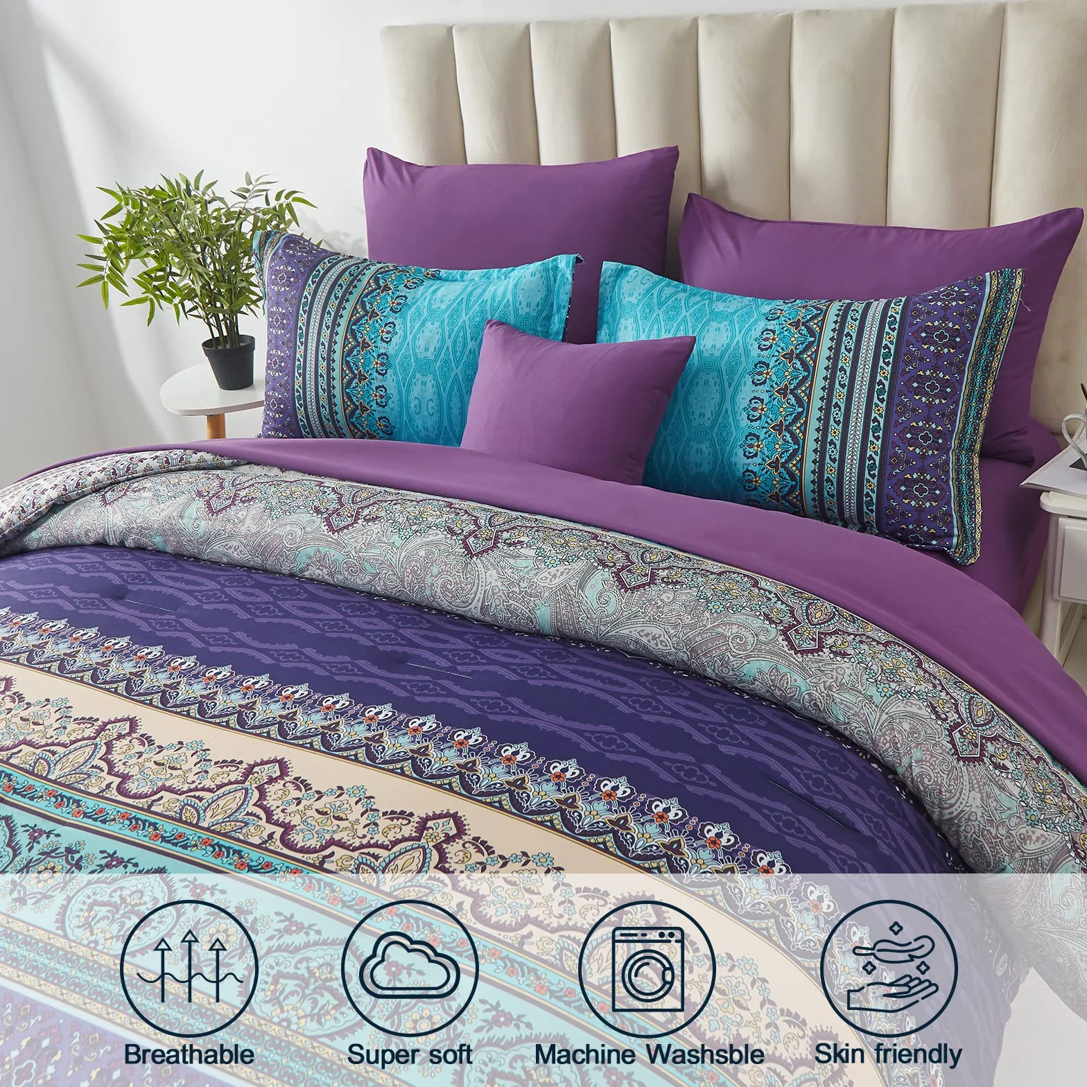 Zestaw pościeli Boho 8-częściowy king-size Aqua Paisley mikrofibra