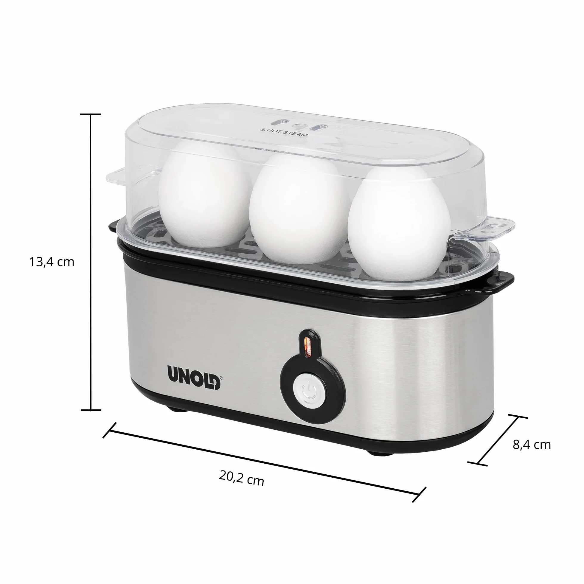 UNOLD 38610 Mini jajowar do gotowania jajek, obudowa ze stali nierdzewnej, wkładka do jajek z uchwytem na 1 do 3 jajek, sygnał dźwiękowy, lampka kontrolna pracy i 210 W, w zestawie miarka
