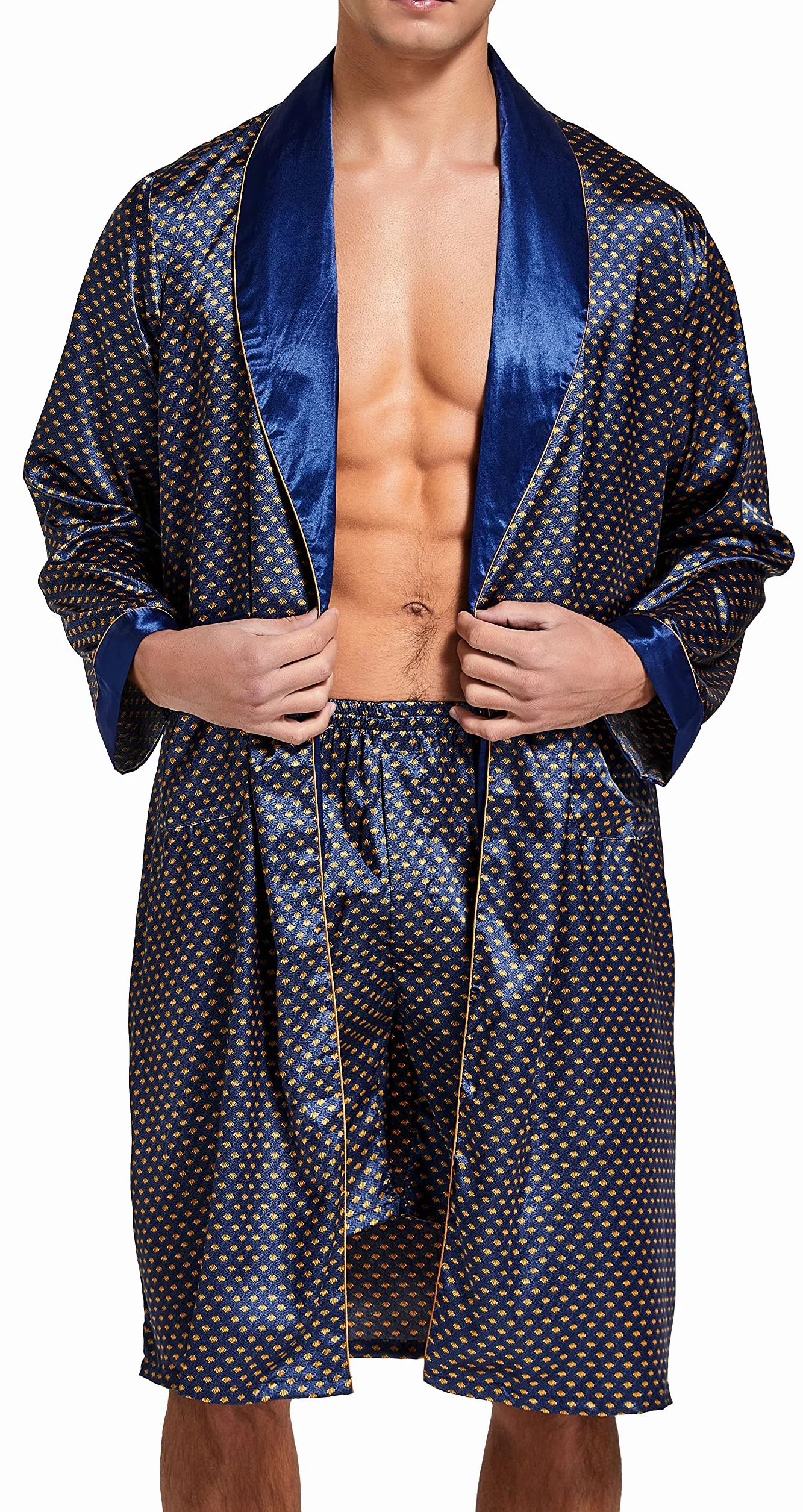 Męski satynowy szlafrok lekki jedwabny szlafrok z długim rękawem z szortami zestaw spa kimono bielizna nocna