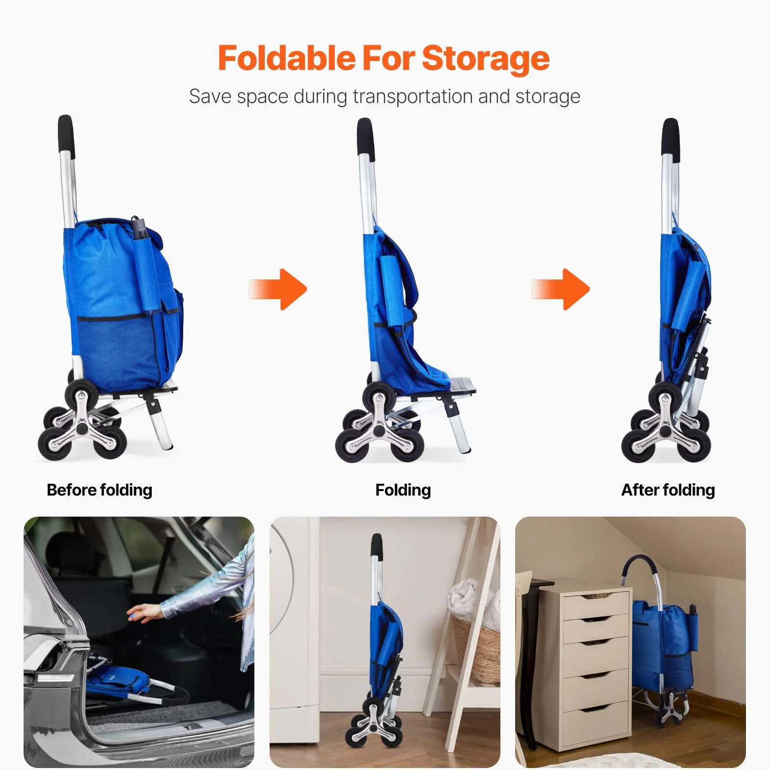 VEVOR Składany wózek na zakupy 36L Wózek na schody z 6 kołami 445 x 375 x 990 mm Torba do przechowywania z tkaniny Oxford na zakupy, do biura, przeprowadzki, transportu, na zewnątrz, pralni,