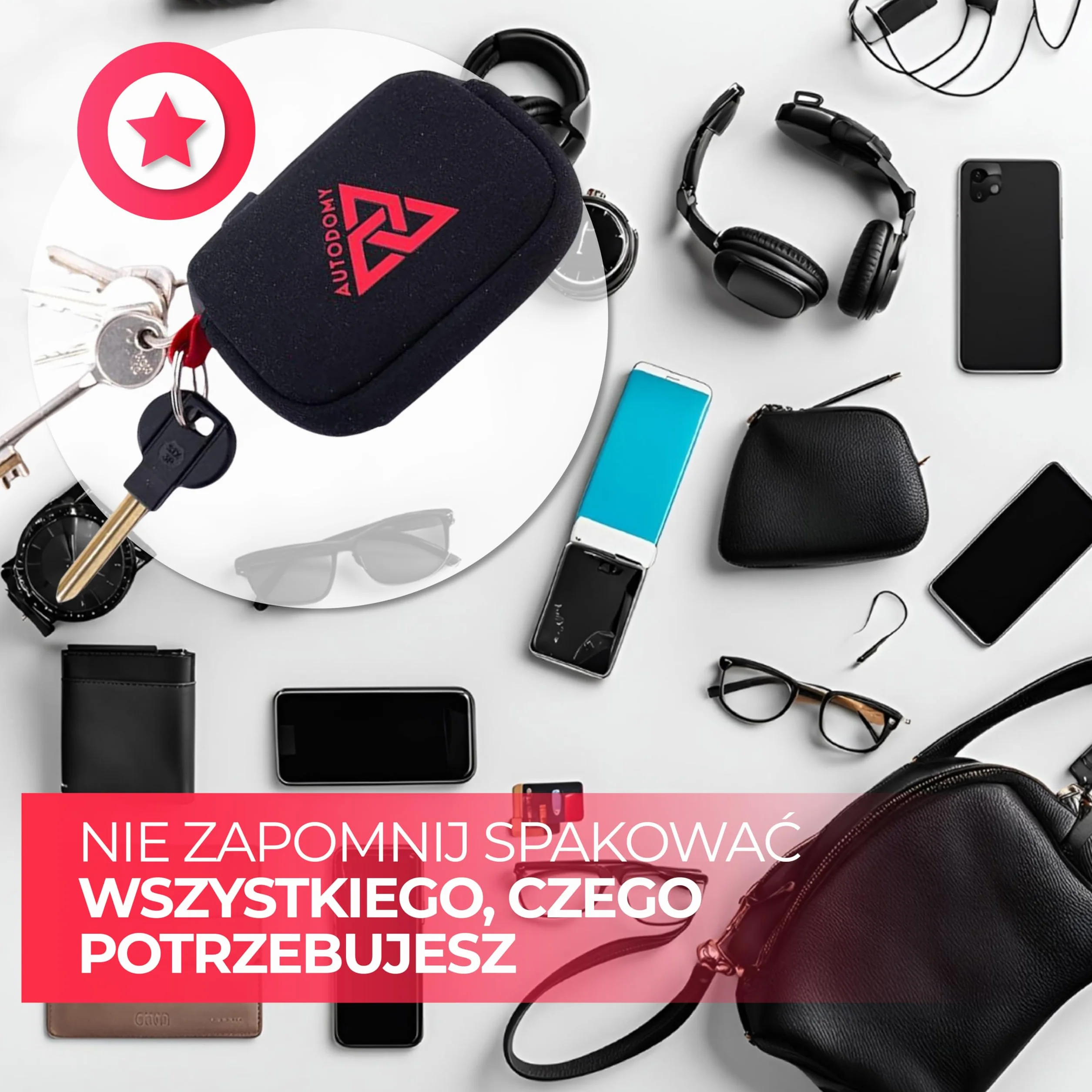 Autodomy Wodoodporny Brelok na Klucze do Motocykla | Etui z Neoprenu w Kolorze Czarnym i Czerwonym | Premium Portmonetka z Pierścieniem Wewnętrznym, Zewnętrznym i Karabińczykiem