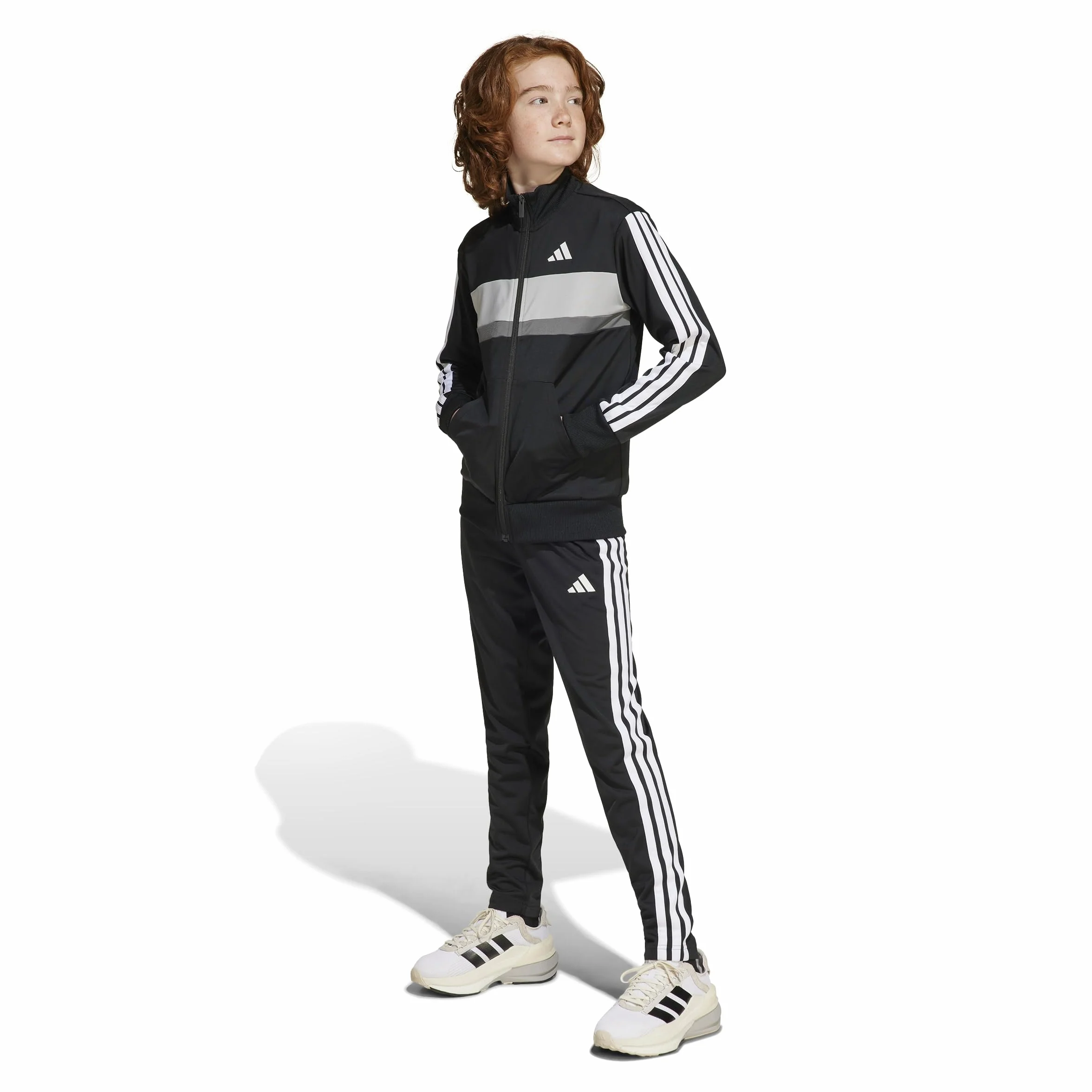 adidas Uniseks - dzieci Seasonal Essentials Tiberio 3 Stripes Tricot Track Suit, Black/White/Grey Two, 9-10 Years