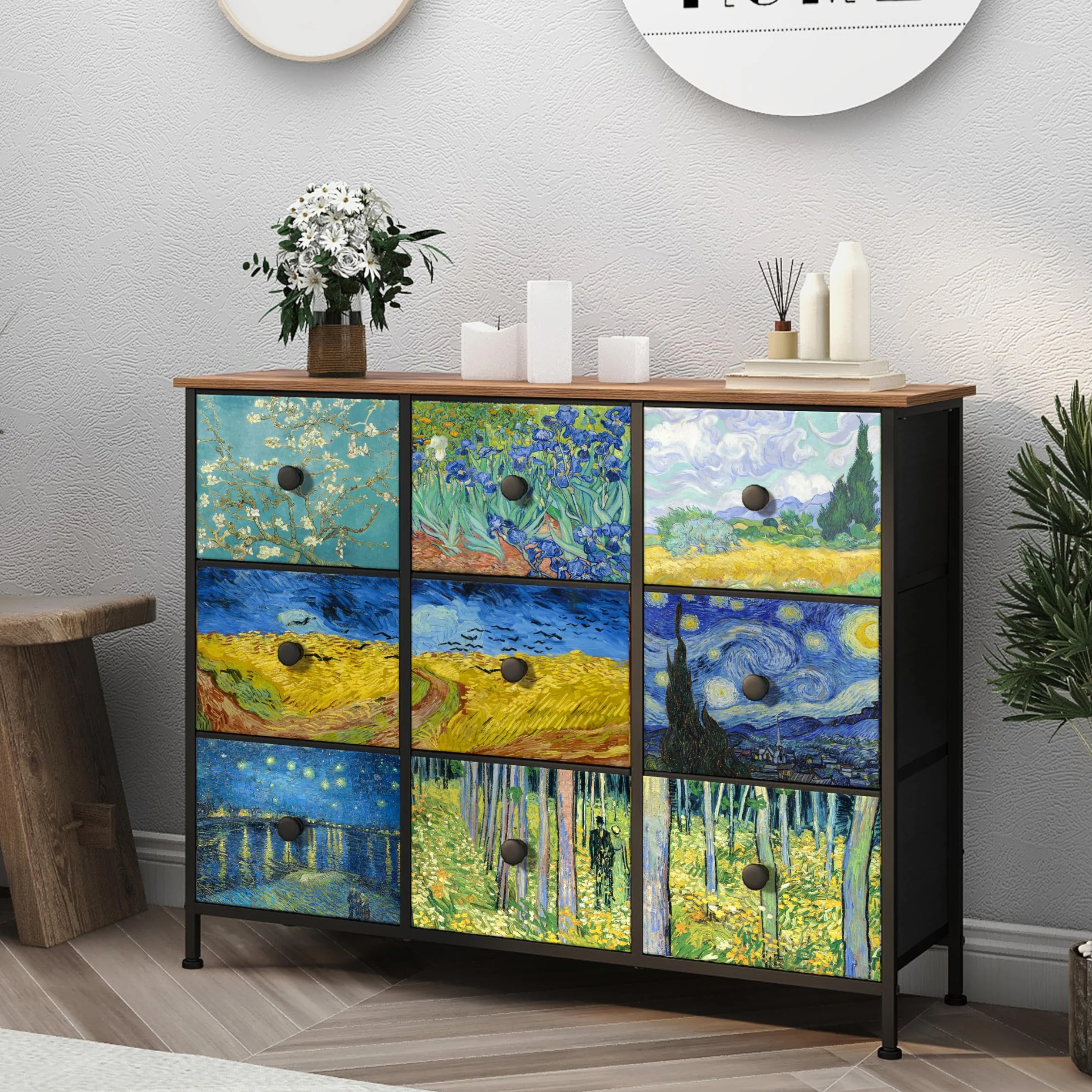 VEDECASA Van Gogh komoda z szufladami, 9 szuflad z materiału, z uchwytami, do szafy, salonu, pokoju dziecięcego, metalowa rama, płyta drewniana, komoda z materiału