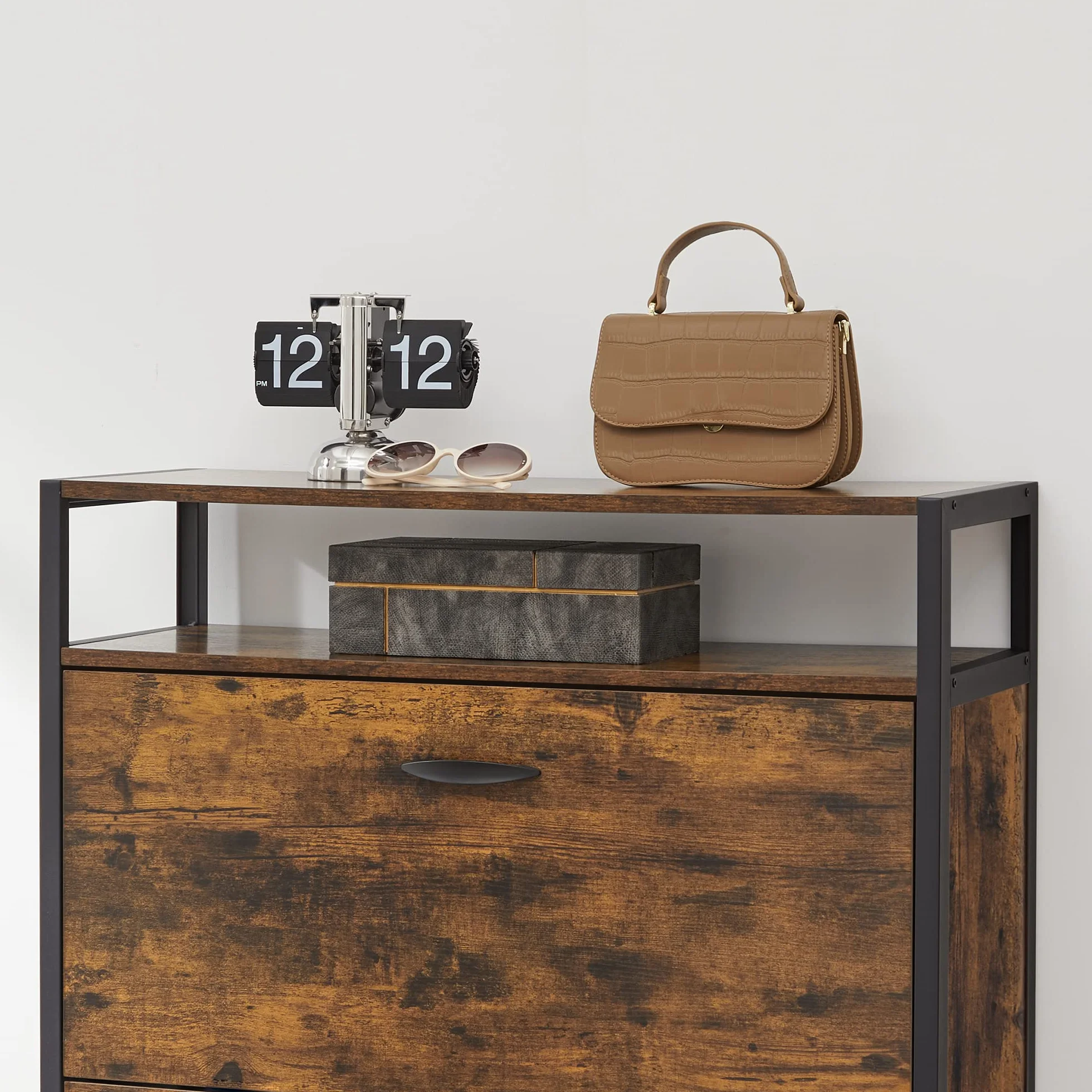 VASAGLE Szafka na buty 80x30x130 cm z 3 drzwiami, rustykalny brąz i czarny