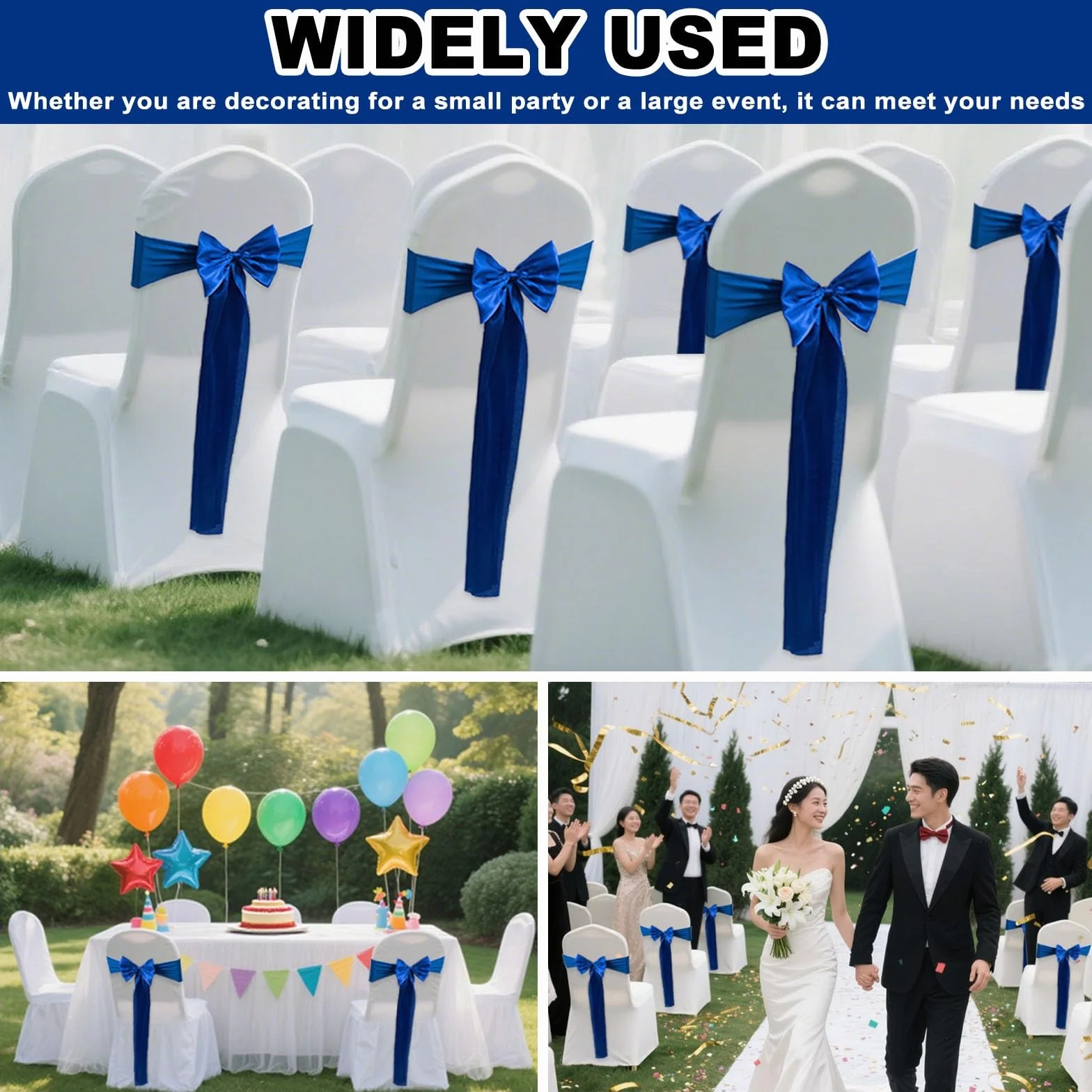 Szarfy na krzesła na imprezy, poliestrowe opaski na krzesło, bez krawata, 50 szt. na wesela, przyjęcia, urodziny i ceremonie