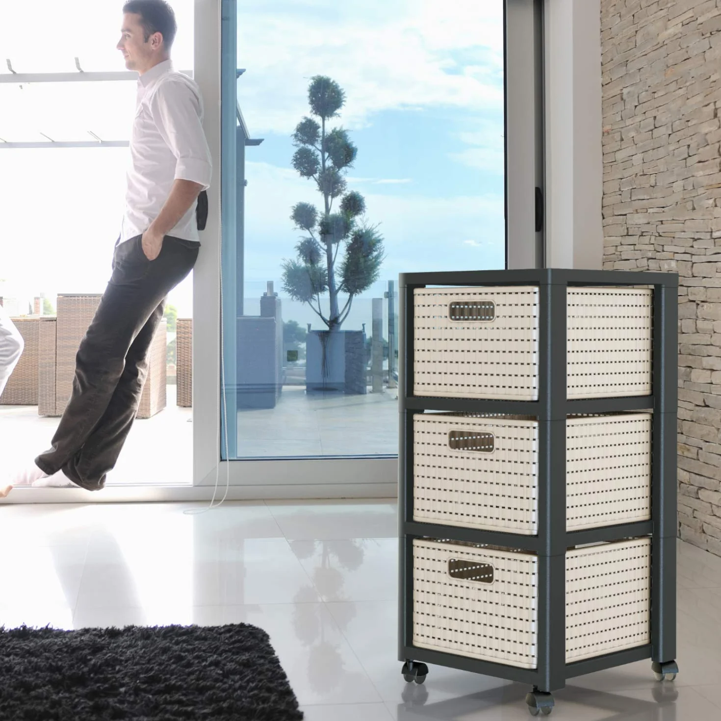 Rotho Country szafka na kółkach z 3 szufladami rattanowa 18 l 37,5x32,5x71,2 cm