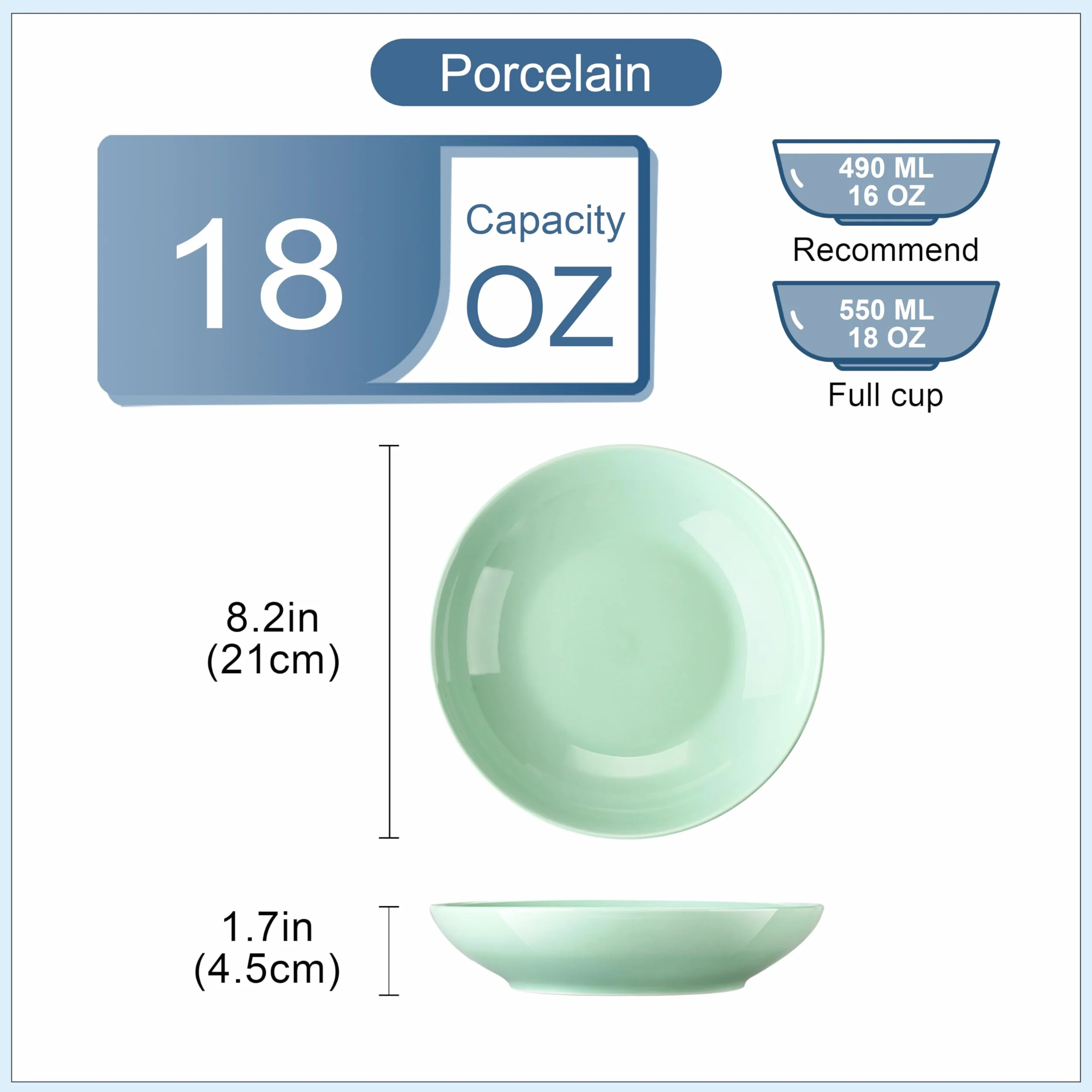 LOVECASA, Seria Sweet, Talerze do Zupy, Porcelana, Głęboki Talerz Obiadowy, Talerz do Zupy, Talerz do Przekąsek, dla 6 Osób, Niebieski Zielony