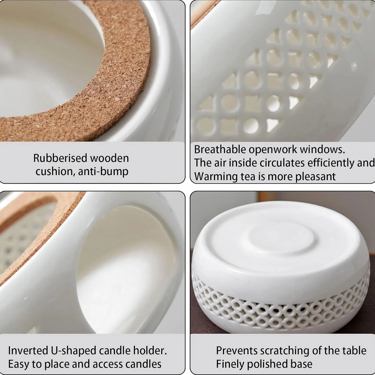 Ceramiczny podgrzewacz do czajnika z podkładką z korka, biały, z łyżeczką