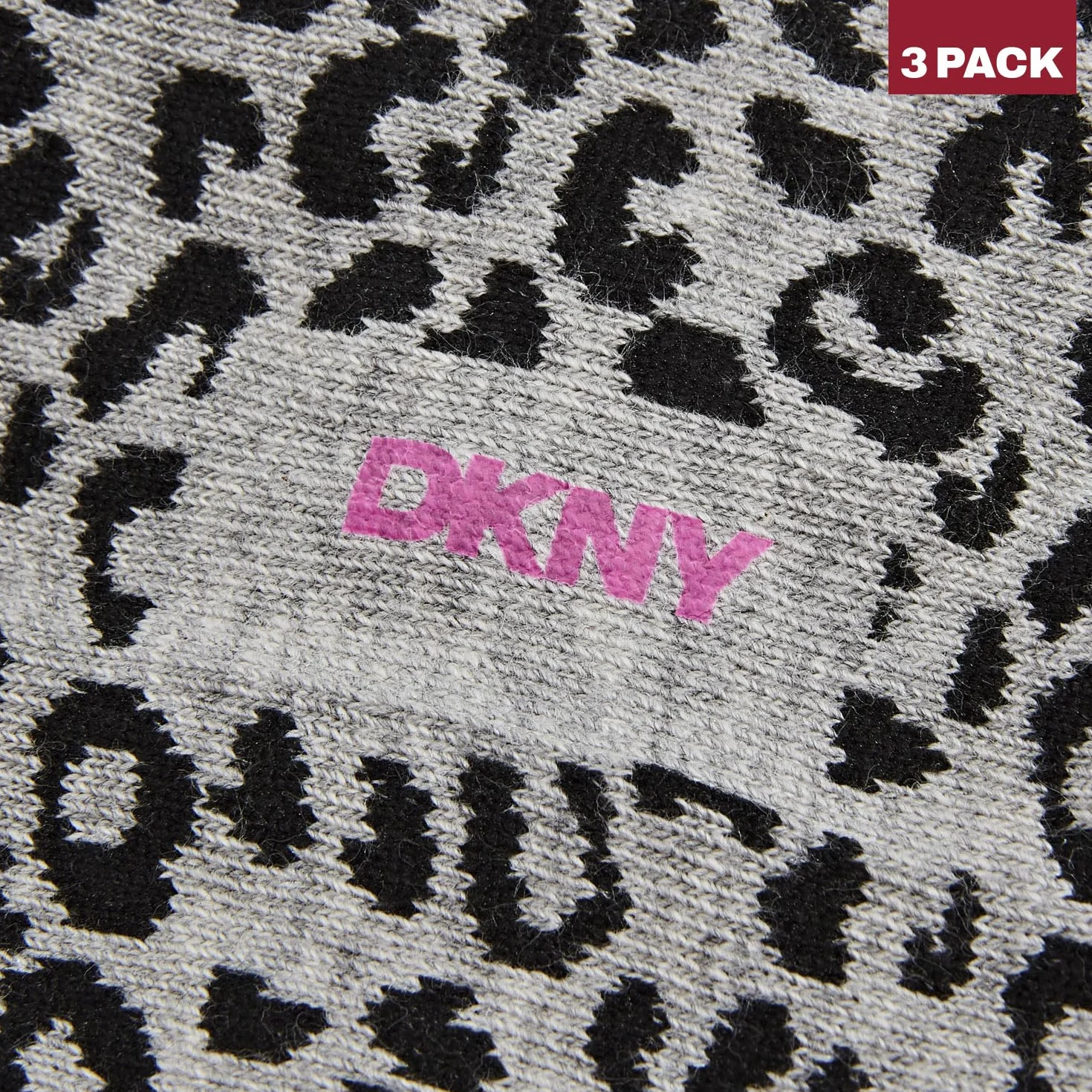 DKNY damskie skarpety do kostki, designerskie bawełniane skarpety, rozmiar 4-7 wielopak z nadrukiem panterki czarny/szary/antracyt