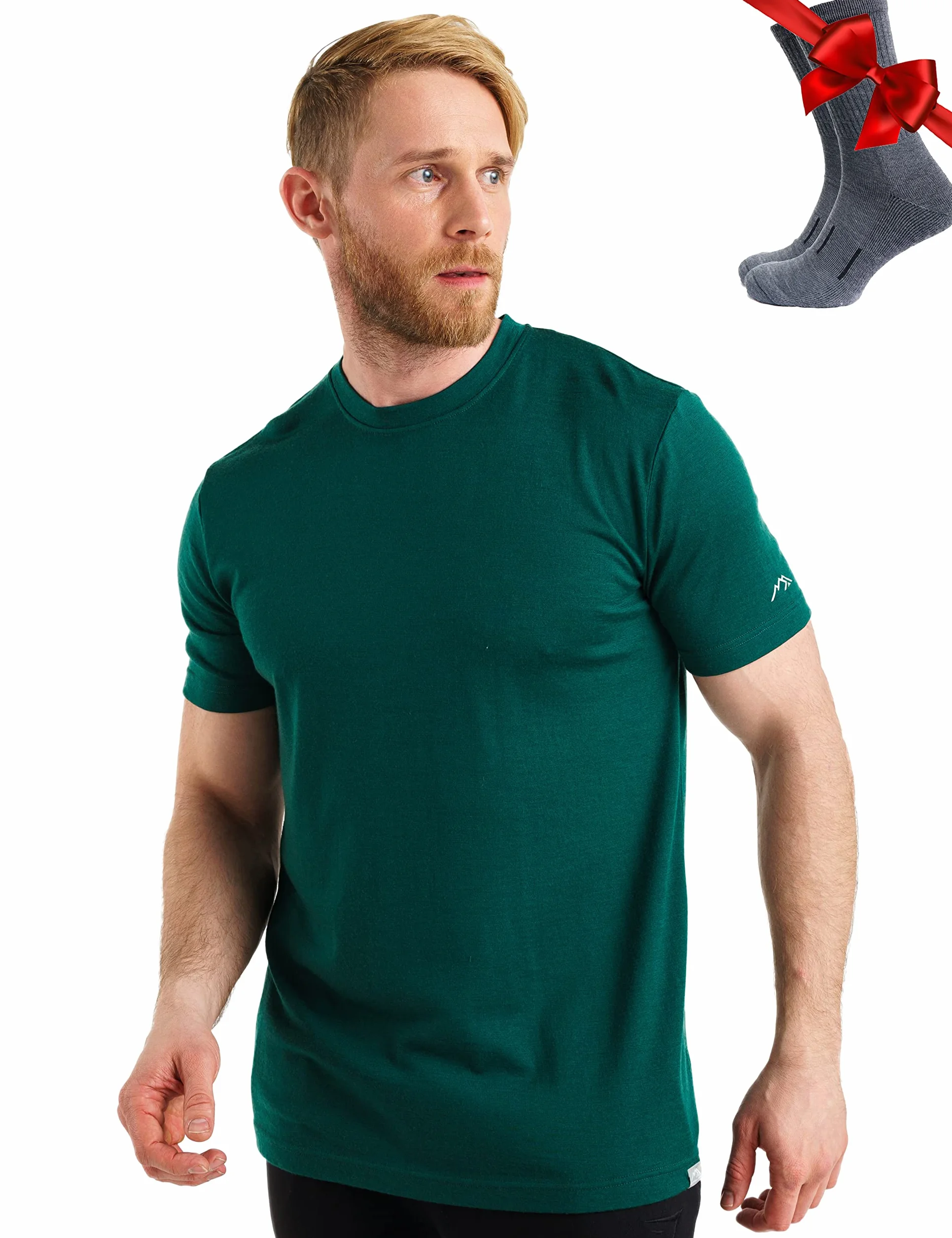Merino.tech T-shirt męski z wełny merynosów - 100% organiczna wełna merynosowa lekka warstwa bazowa + skarpety wełniane do wędrówek