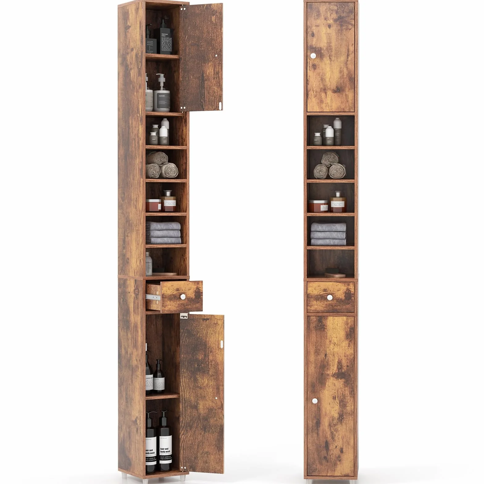 COSTWAY Szafka łazienkowa wysoka wąska z 2 drzwiczkami 1 szufladą regał 20x20x180 cm brązowy