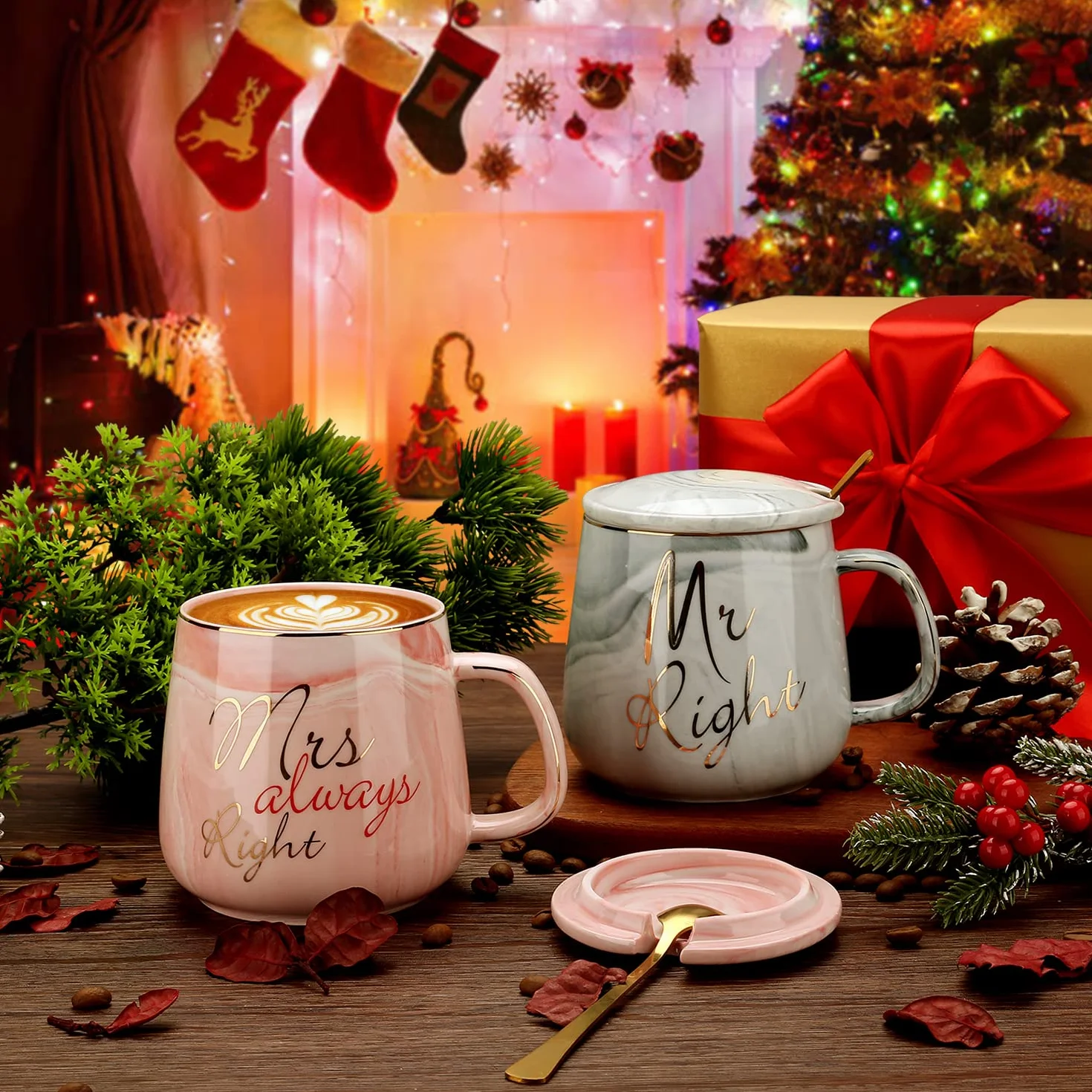 Mr Right and Mrs Always Right Ceramiczne Kubki Do Kawy Zestaw 2-13 Oz Para Filiżanka Herbaty z Pokrywką i Łyżką, Marmurowe Kubki Prezenty Ślubne dla Pary Młodej (Różowy, Szary)
