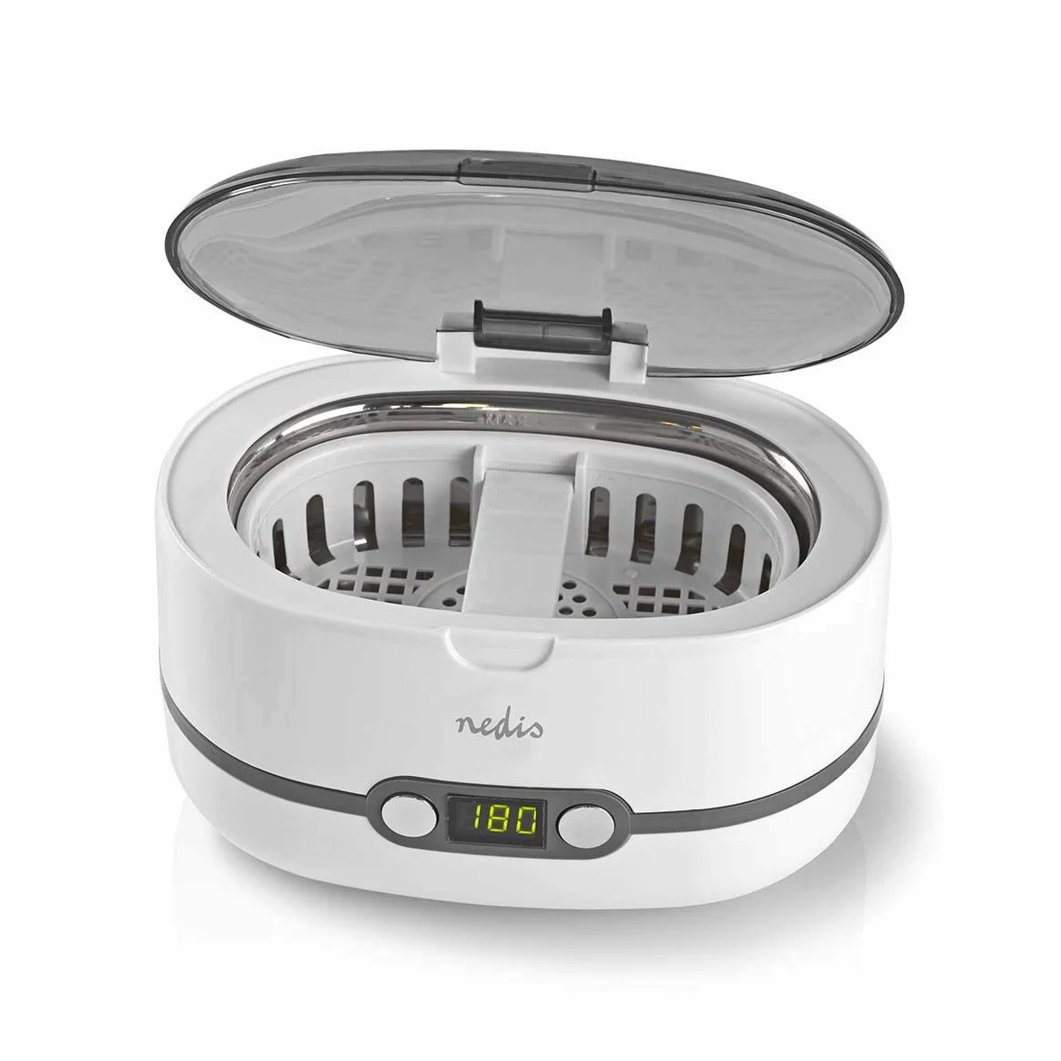 Nedis Cyfrowy ultradźwiękowy środek czyszczący do biżuterii, 43 kHz, soniczne czyszczenie, zbiornik 600 ml, 3 tryby, w tym odpienianie, timer LED, Plug & Play, biały