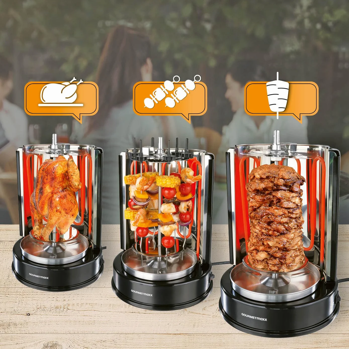 GOURMETmaxx Grill do kebaba | pionowy grill elektryczny do kebaba, żyroskopu, szaszłyka | grill elektryczny ze średnim szpikulcem i 6 dodatkowymi szpikulcami, może być również stosowany jako grill do