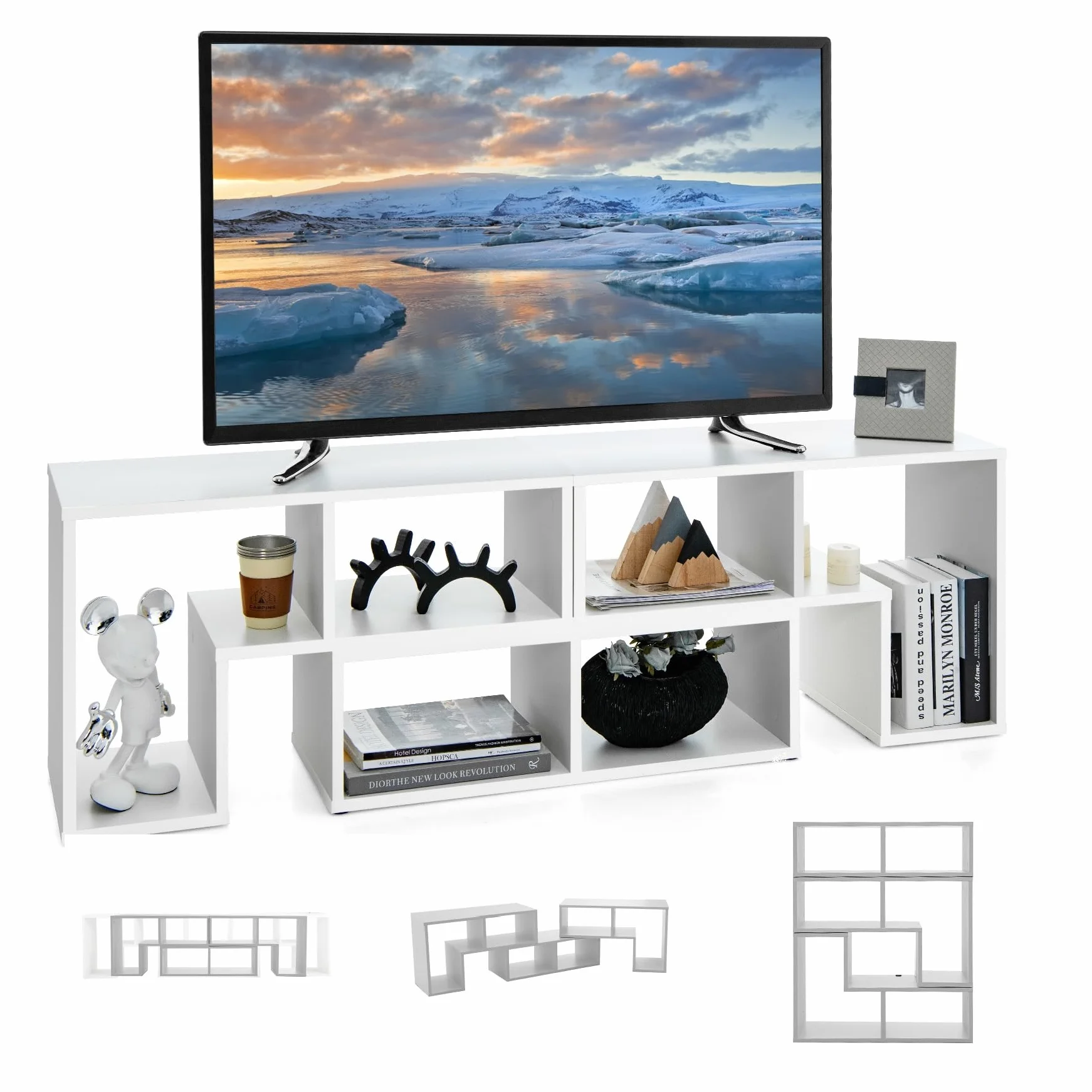 GIANTEX Stojak do telewizora 65 cali, szafka pod TV 134-180 x 30 x 43 cm biały