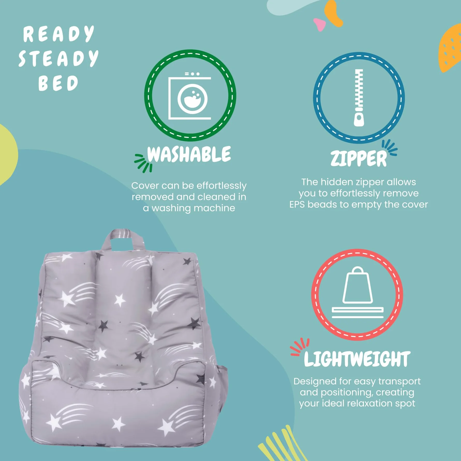Ready Steady Bed worek do siedzenia dla dzieci z podnóżkiem, miękka sofa do pokoju zabaw, ergonomiczny fotel dla malucha