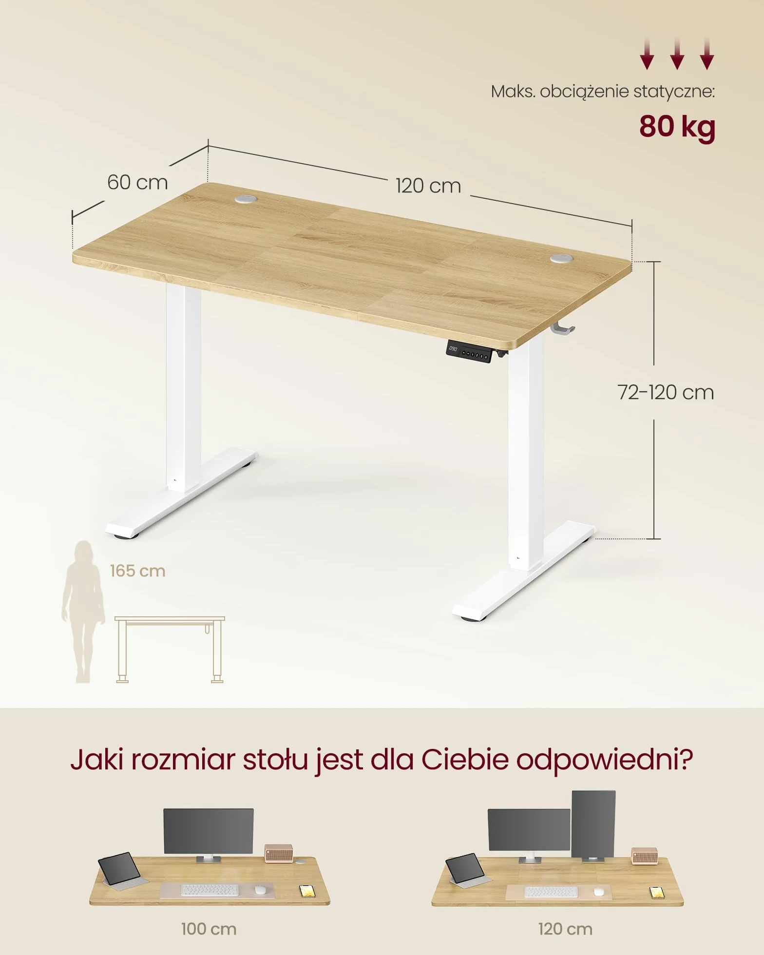 VASAGLE biurko z regulacją wysokości 120 x 60 cm złoty dąb funkcja pamięci 4 wysokości