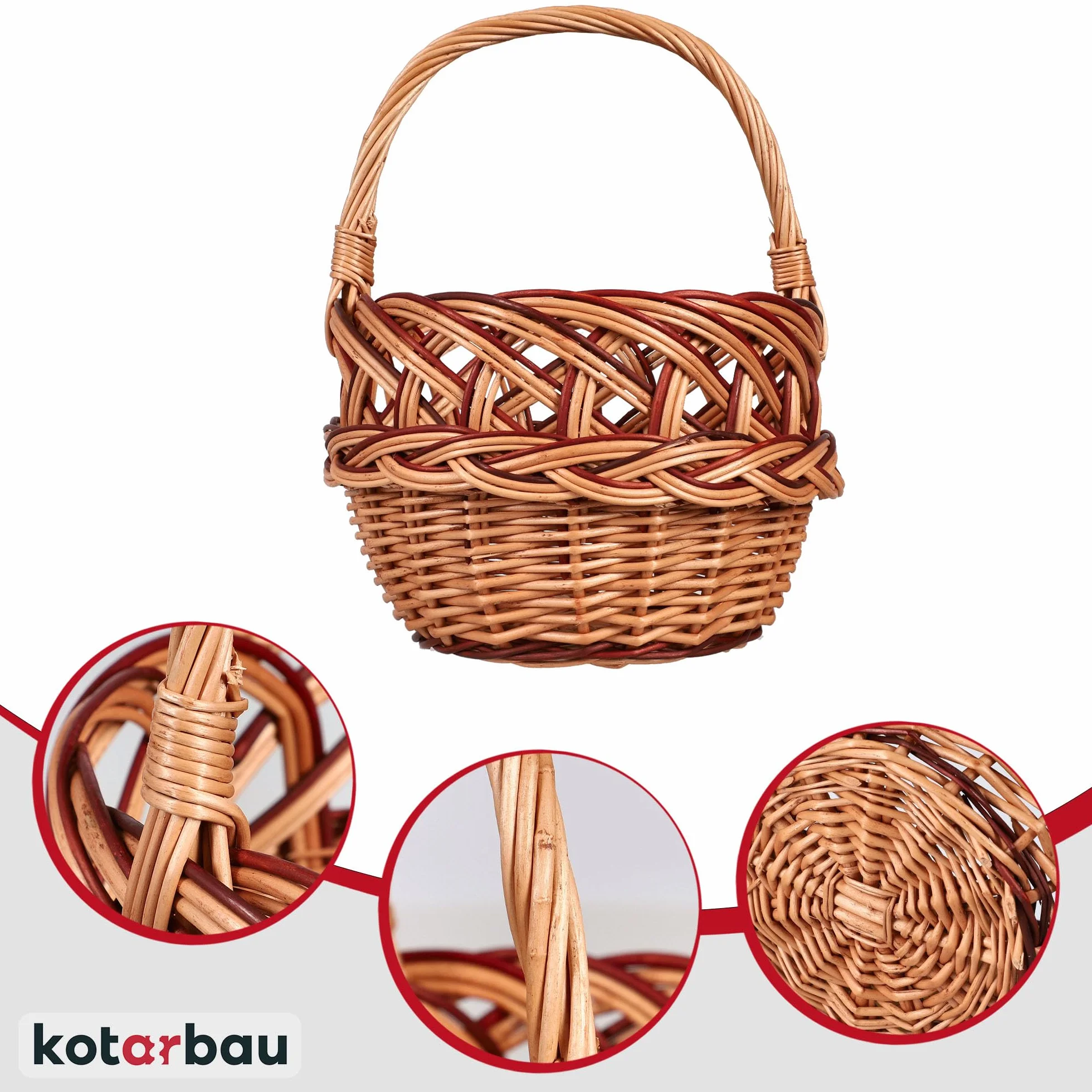 KOTARBAU® Koszyk Wiklinowy z Rączką dla Dzieci 290 x 220 x 200 mm - Wielkanocny Mały Koszyk