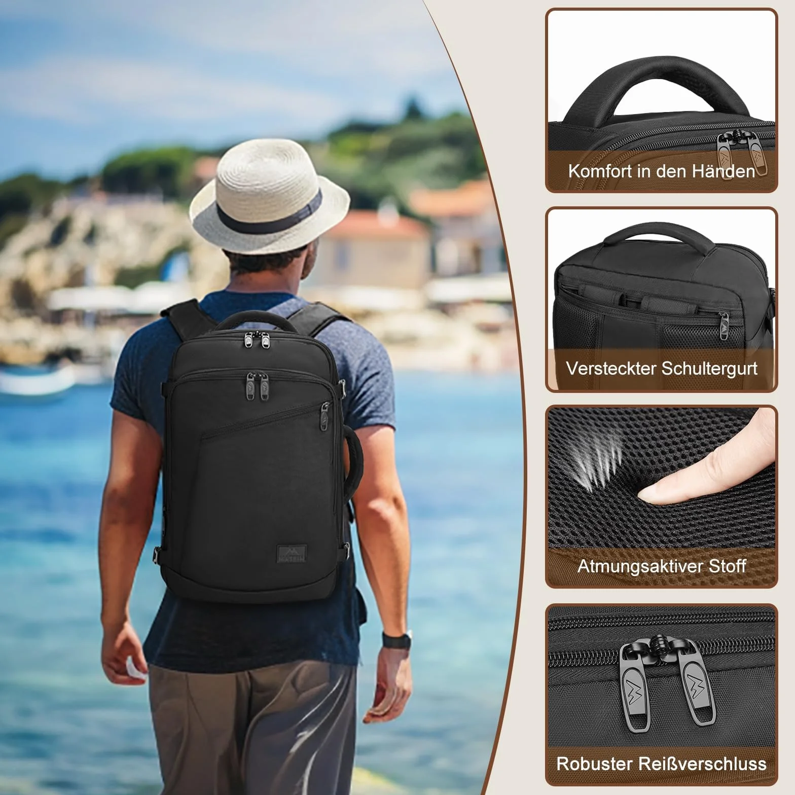 MATEIN Bagaż Podręczny 40x20x25, 20L Plecak Podróżny Męski i Damski do Ryanair, Cabin Bag Travel Backpack do Pracy, Biznesu i Podróży, Czarny