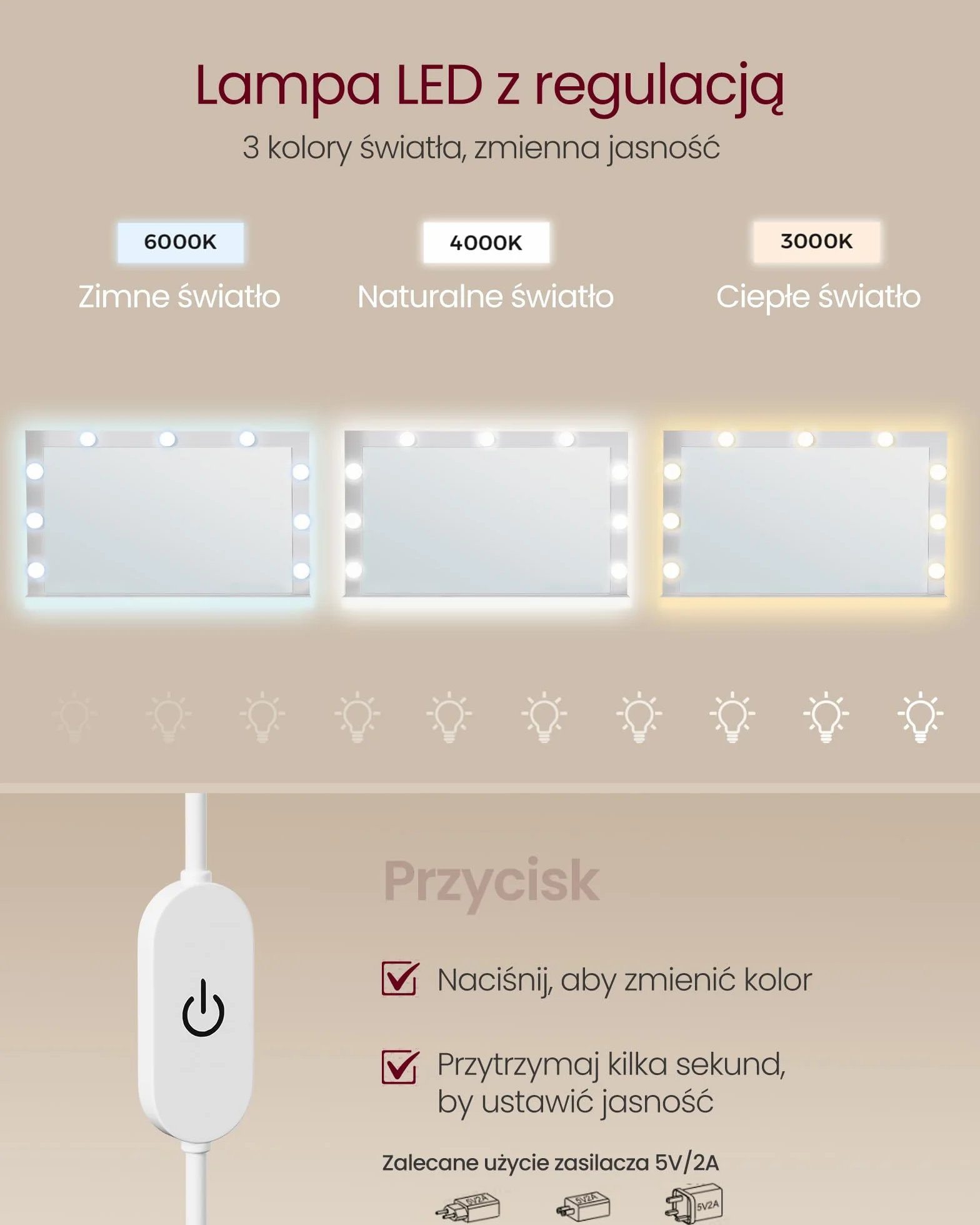 VASAGLE Kolekcja KAILYN Toaletka z oświetleniem LED regulowana jasność z lustrem 2 szuflady 3 przegródki biała chmurowa RDT120T10