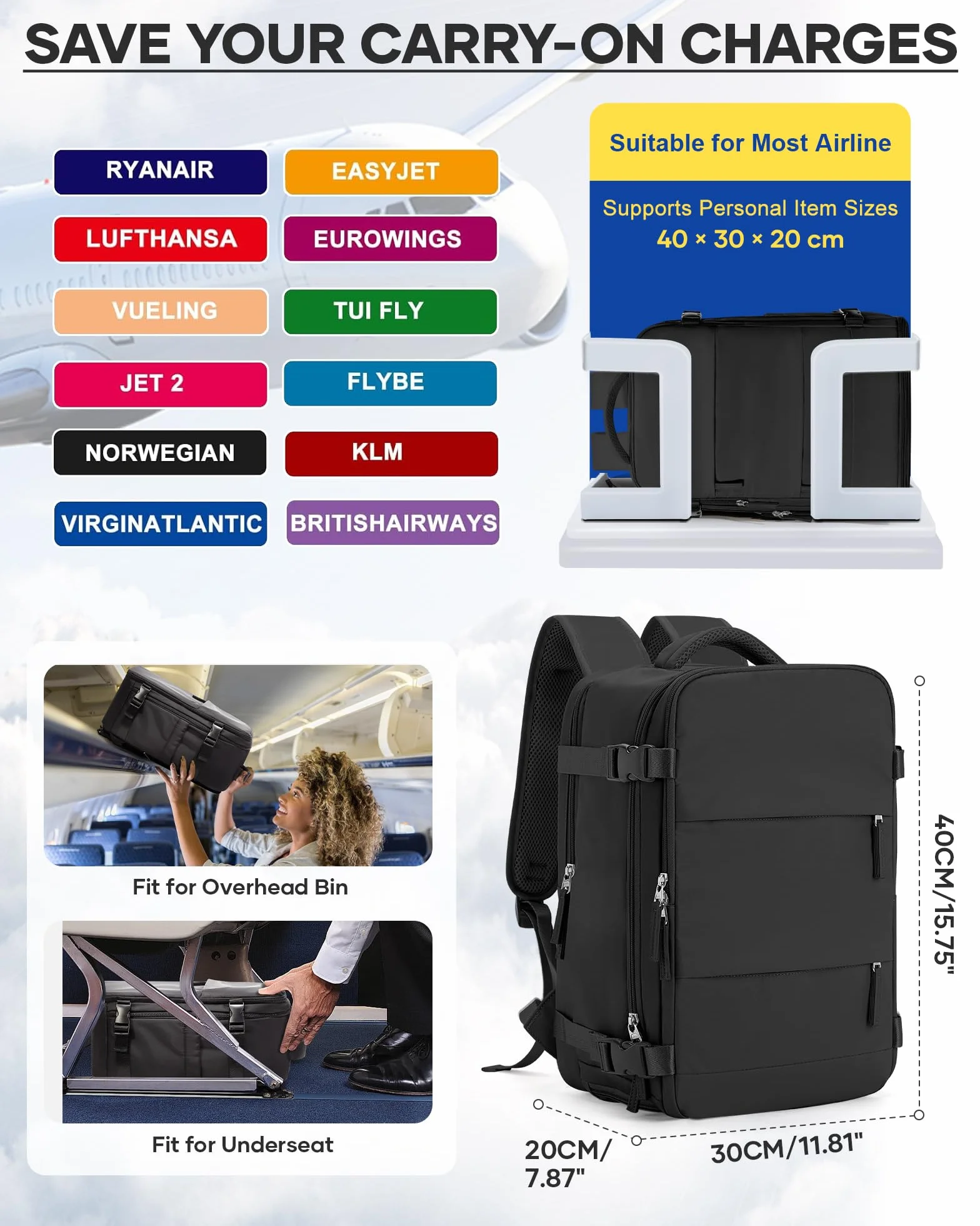 HPLQQ Plecak próżniowy z pompką, plecak podróżny, torba podręczny 40x30x20 dla Ryanair, torba podróżna pod siedzenie samolotu,A01-Czarny