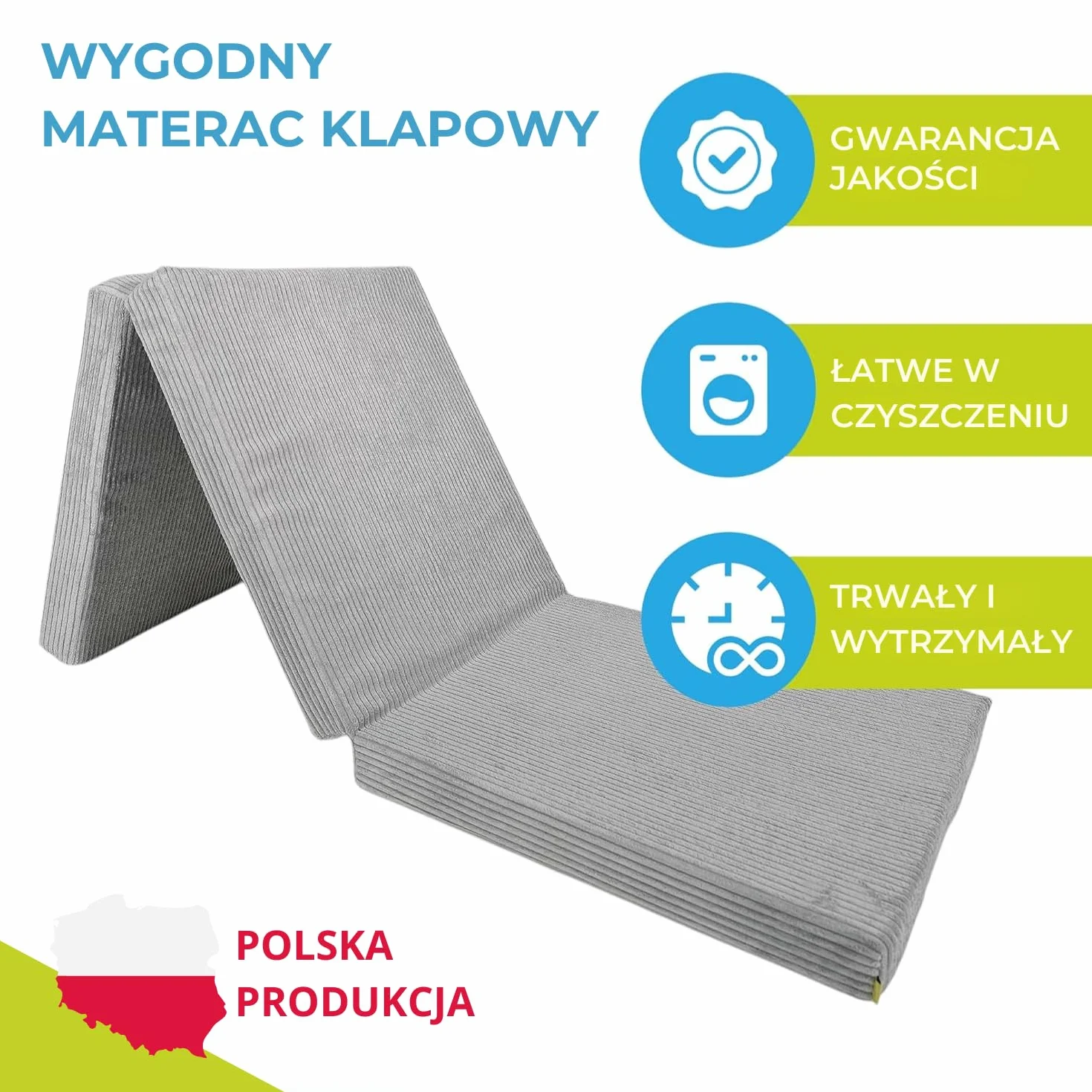 Składany materac 195x120x15 cm z uchwytami i zdejmowanym pokrowcem | Materac gościnny i turystyczny | Oeko-TEX | Składana mata do spania dla dzieci, gości, do podróży | Jasnoszary