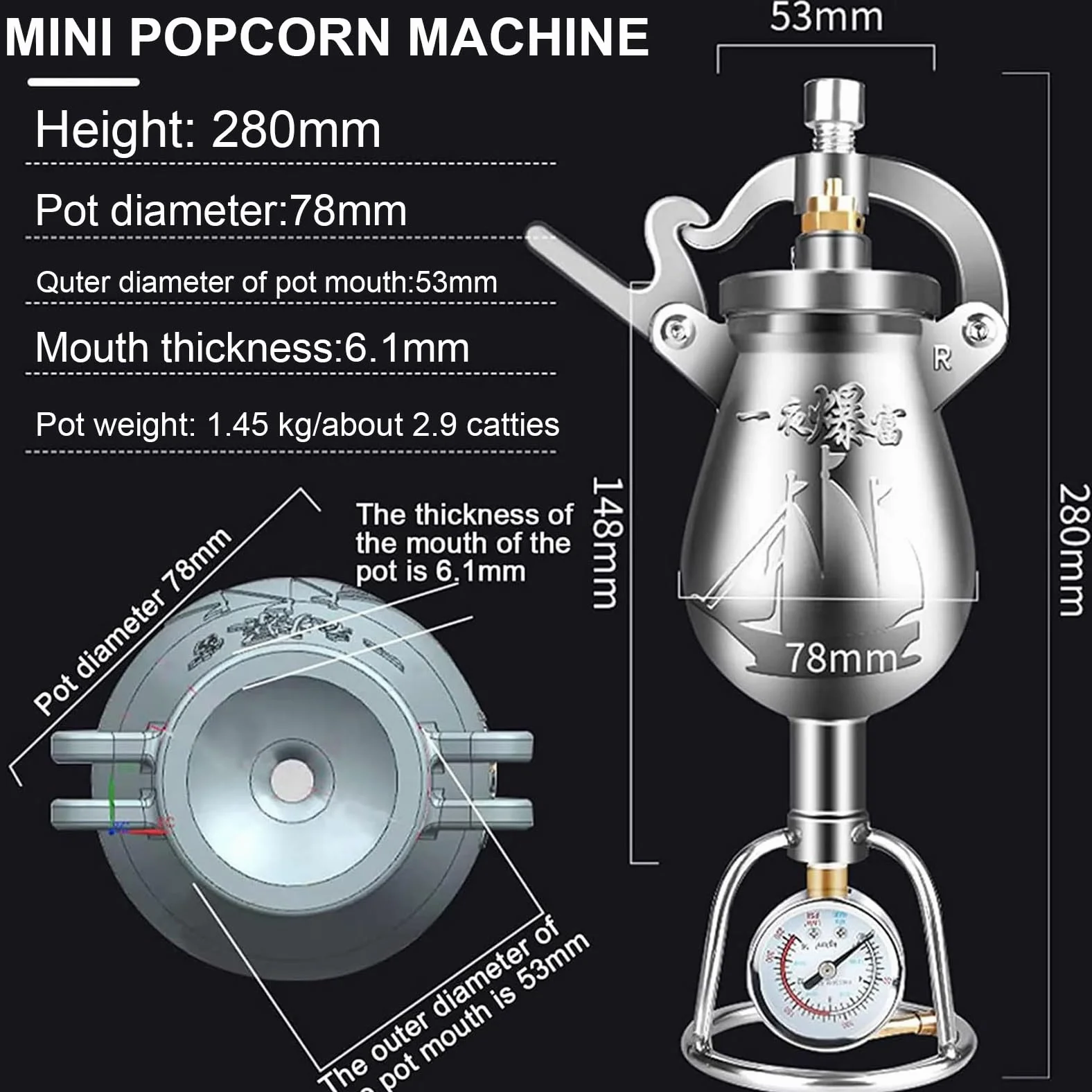 Ręczna maszyna do robienia popcornu ciśnieniowa w stylu retro mała na kuchenkę