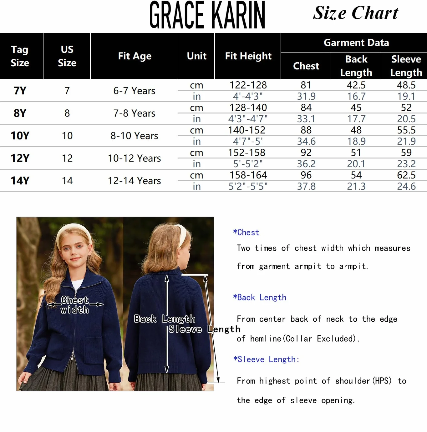 GRACE KARIN Dziewczęca bluza z długim rękawem z dzianiny z zamkiem błyskawicznym