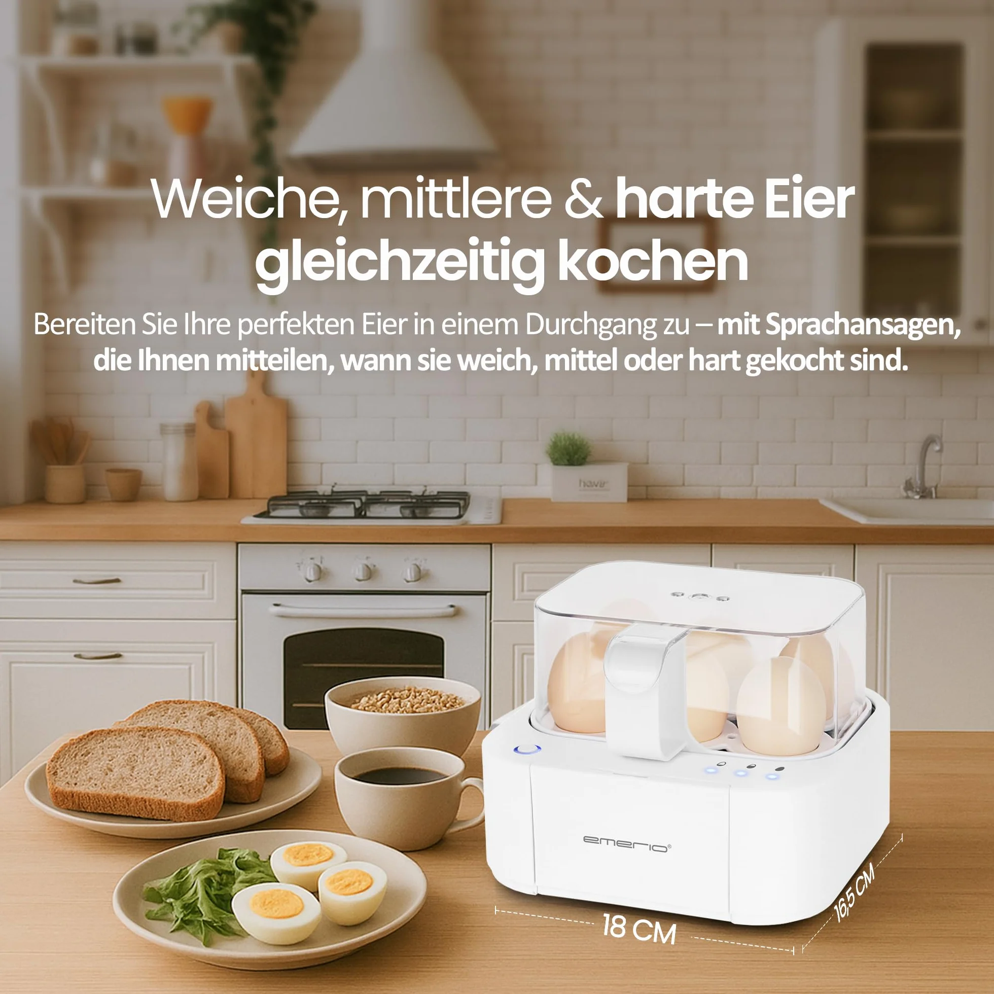 Emerio doskonała, unikalna kuchenka do jajek gotuje wszystkie trzy poziomy gotowania [soft|medium|hard] w jednym procesie gotowania z doskonałymi wynikami i wielojęzycznym głosem w DE EN FR PL