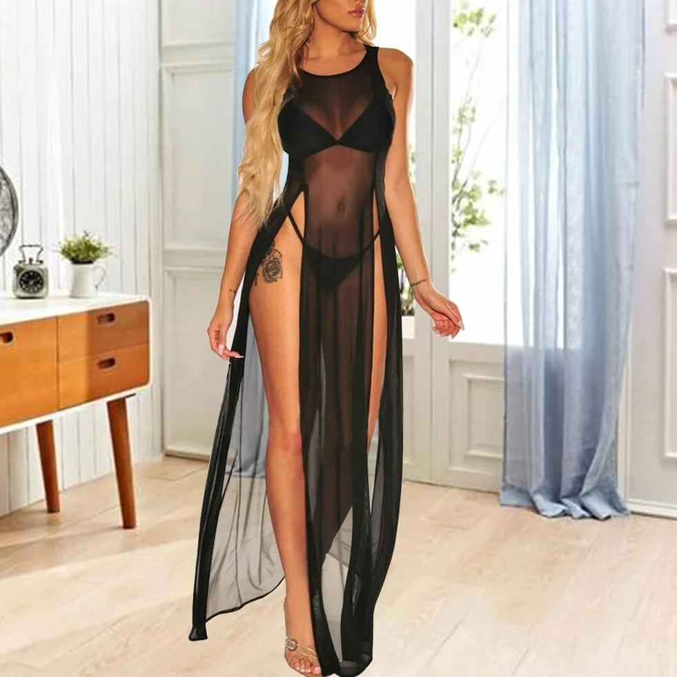 Seksowna przezroczysta siatka sukienka z wysokim otwarciem długa sukienka dla Bikini Cover Up na okładkę Bikini Topy Red Plaża Strój Kąpielowy dla Kobiet, czarny, rozmiar uniwersalny