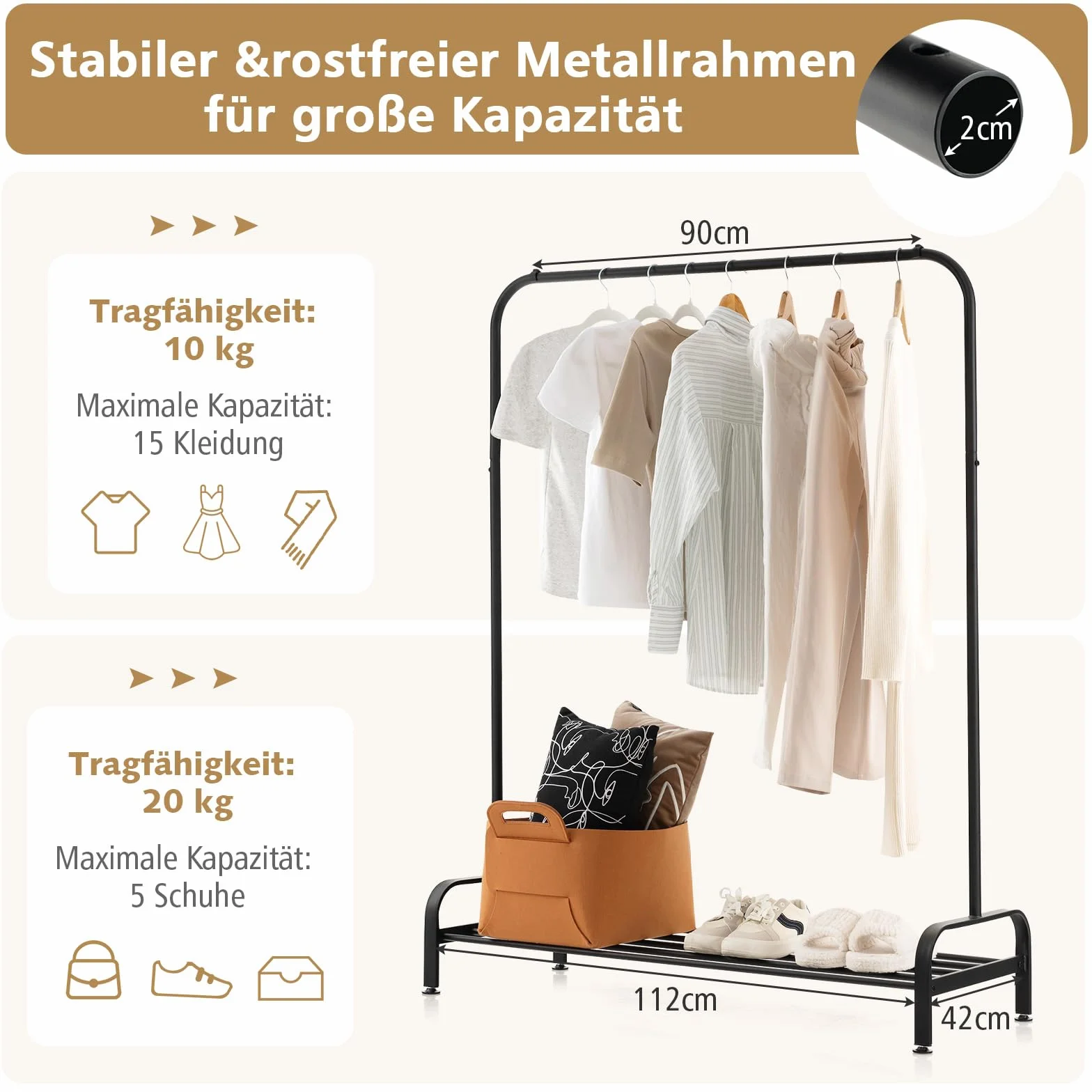 COSTWAY Wieszak na ubrania z drążkiem na ubrania i półką, metalowy wieszak na ubrania z regulowanymi nóżkami, wolnostojący, 112 x 42 x 145 cm