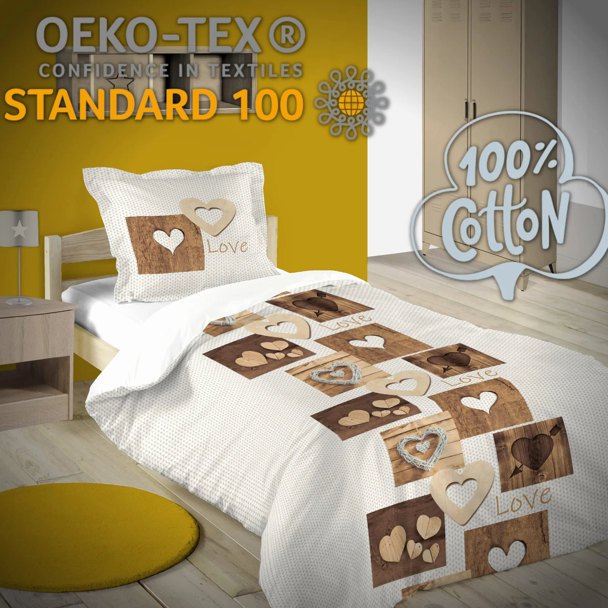 Lovely Casa – Poszewka na kołdrę 140 x 200 cm + 1 poszewka na poduszkę 63 x 63 cm – Woodda – naturalna