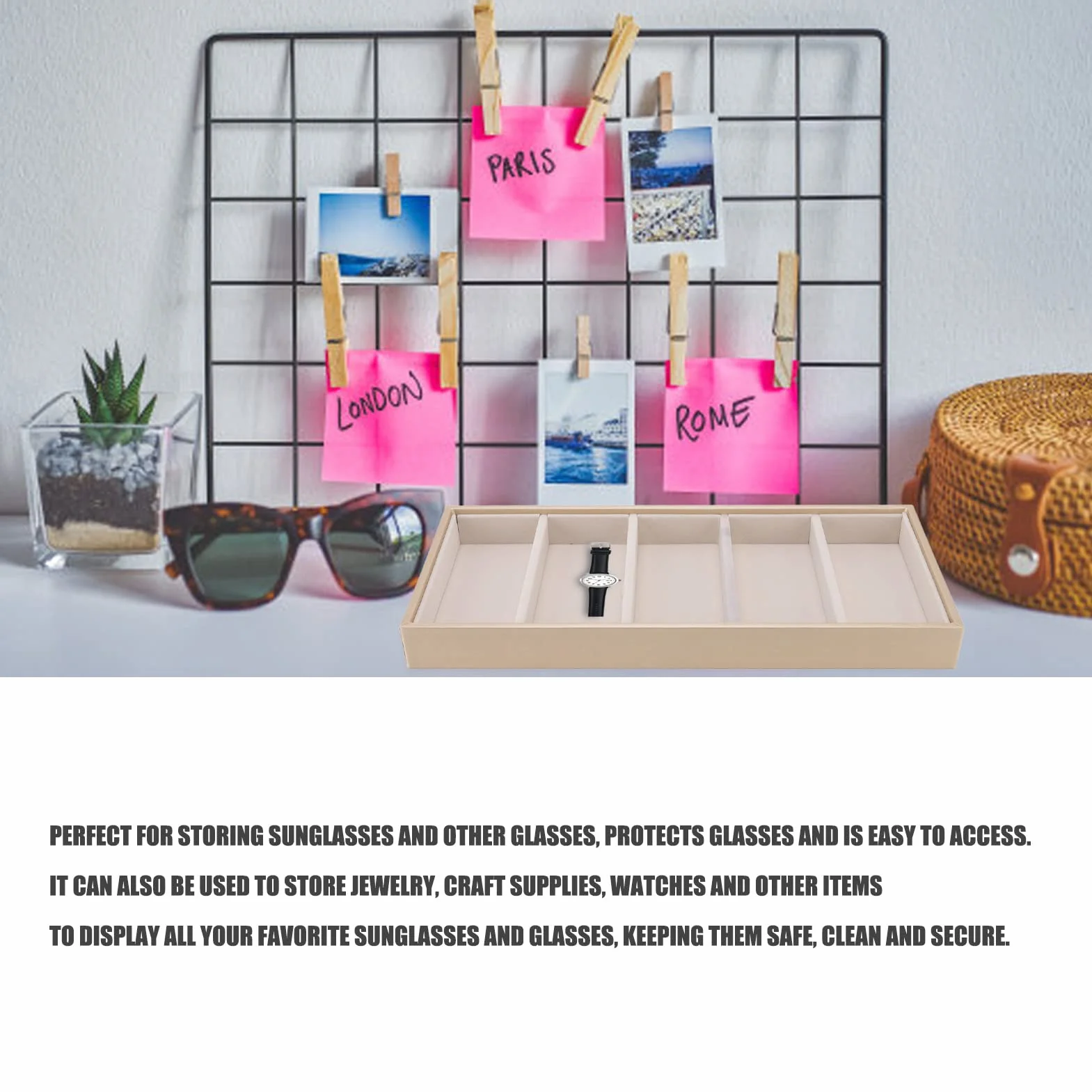 Etui na Okulary, 5 Siatek Organizer na Okulary Przeciwsłoneczne dla Kobiet Mężczyźni Bez Osłony, Schowek na Okulary Witryna na Okulary do Szuflady na Biurko, Akcesoria do Organizacji(Beżowy)
