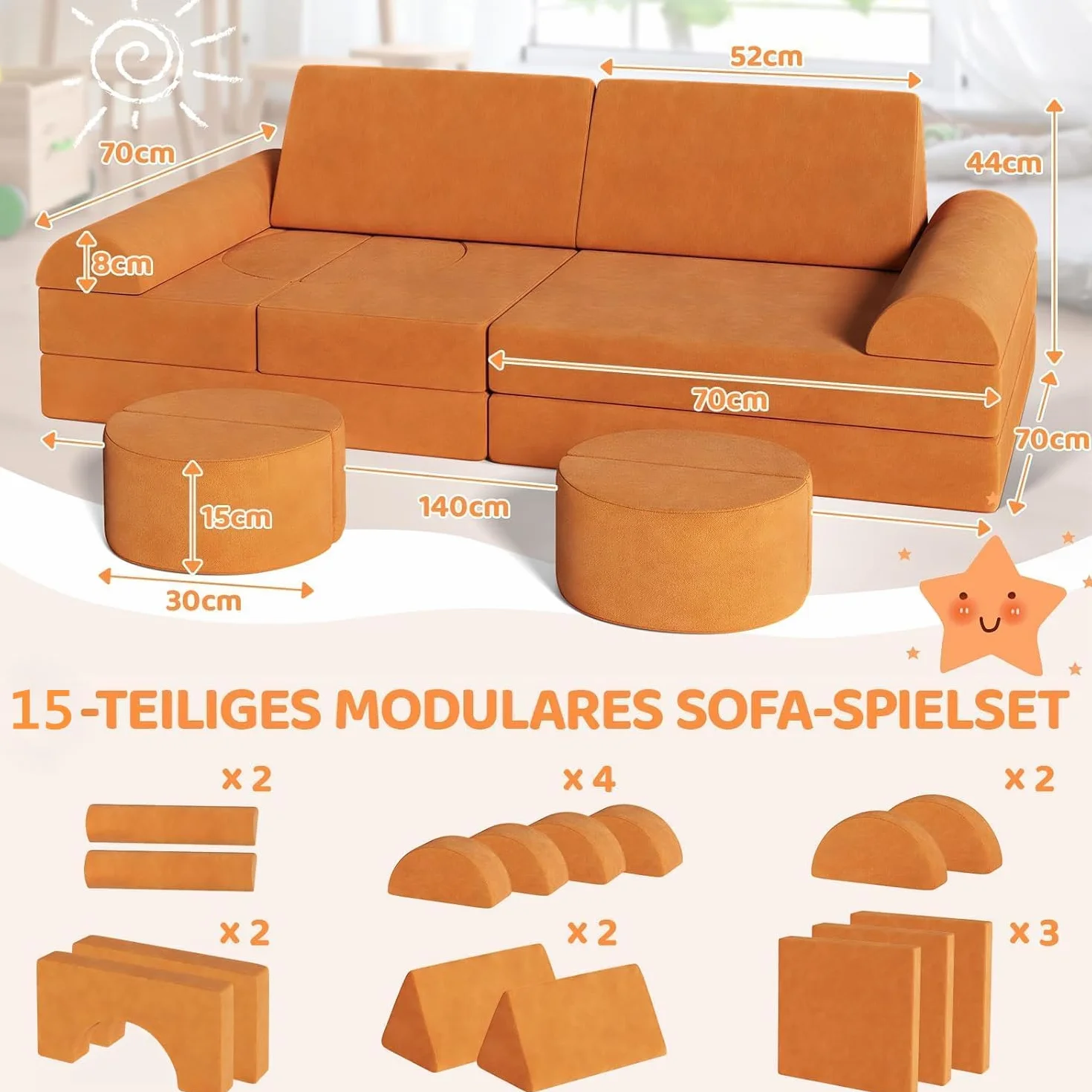 Sofa do zabawy dla dzieci z modułem 15 szt., modułowa sofa dla dzieci, sofa dla dzieci z klocków, sofa do zabawy dla dzieci i foteli dziecięcych, przytulny kącik w pokoju dziecięcym, do zabawy