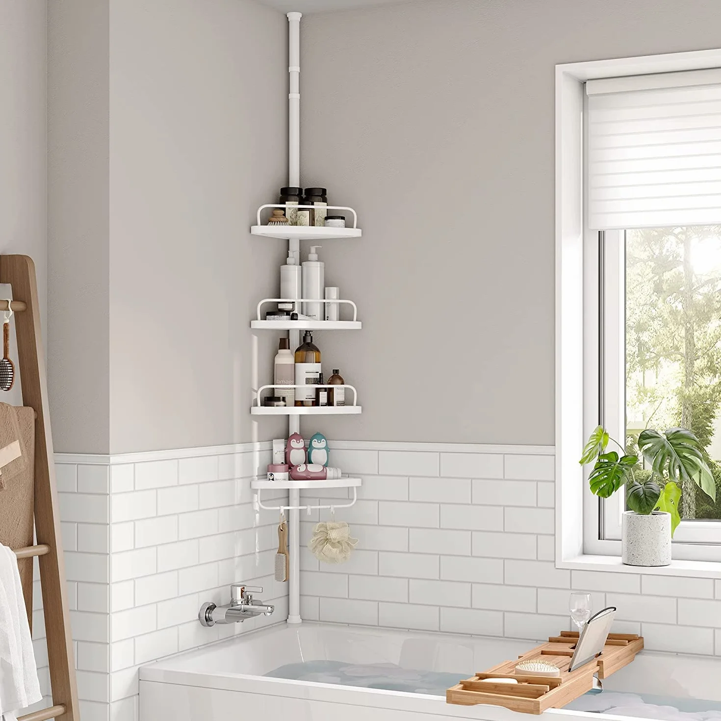 SONGMICS Półka pod prysznic, 85-305 cm regulowana wysokość, półka łazienkowa z 4 półkami, narożnik prysznicowy, bez wiercenia, biała BCB001A