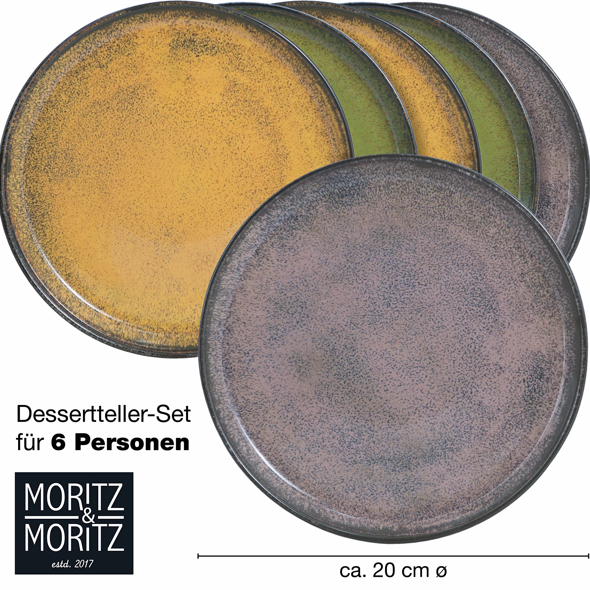 Moritz & Moritz zestaw 6 talerzy deserowych w odcieniach czerwieni, żółtego i zielonego - talerze na ciasto dla 6 osób - porcelana, nadaje się do mycia w zmywarce i używania w kuchence mikrofalowej
