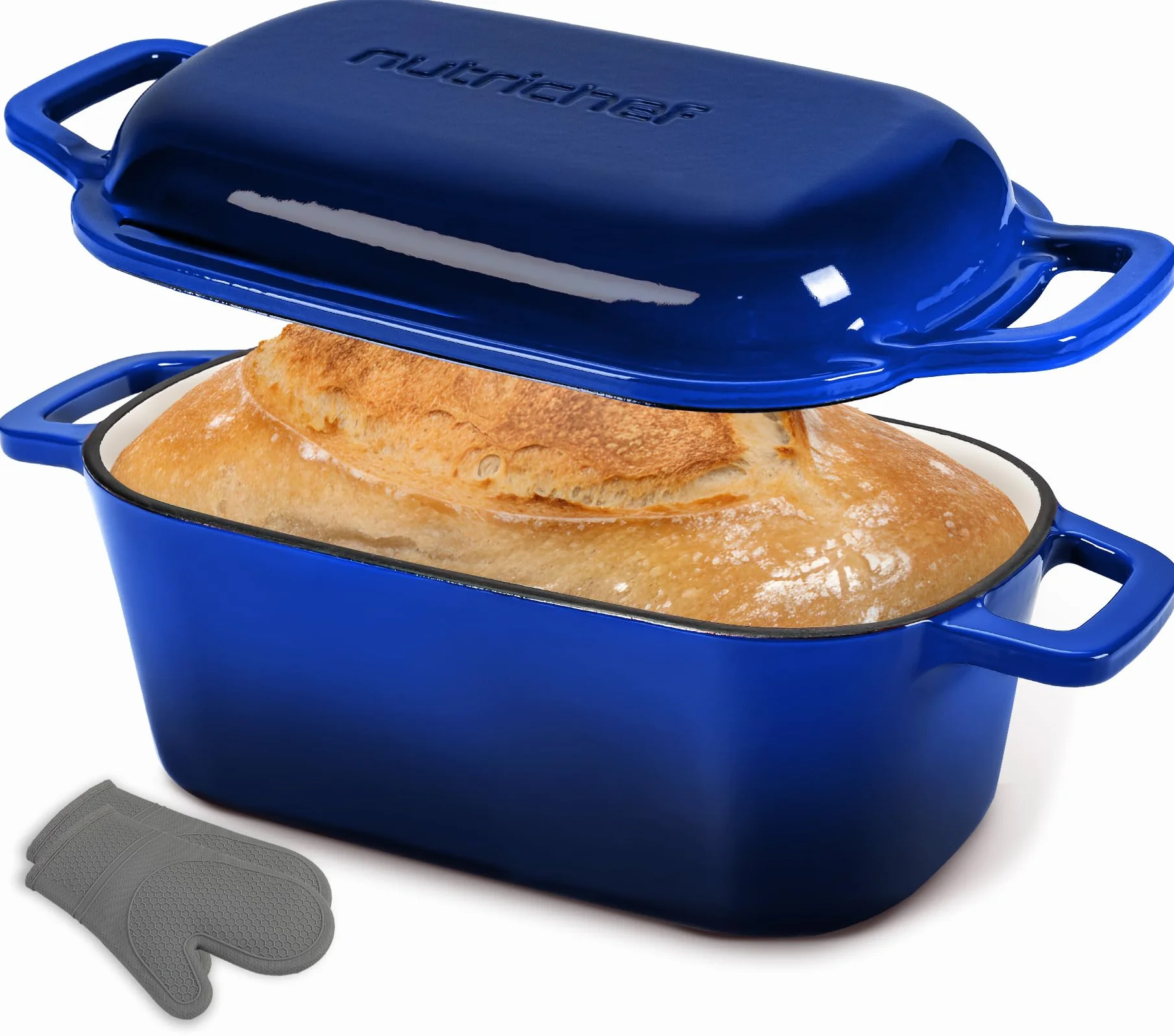 NutriChef 10" emaliowana żeliwna forma do chleba z pokrywką, owalna forma typu Dutch oven z silikonowymi rękawicami, odporna na temperaturę do 260°C, do pieczenia, pieczenia mięs, duszenia, niebieska