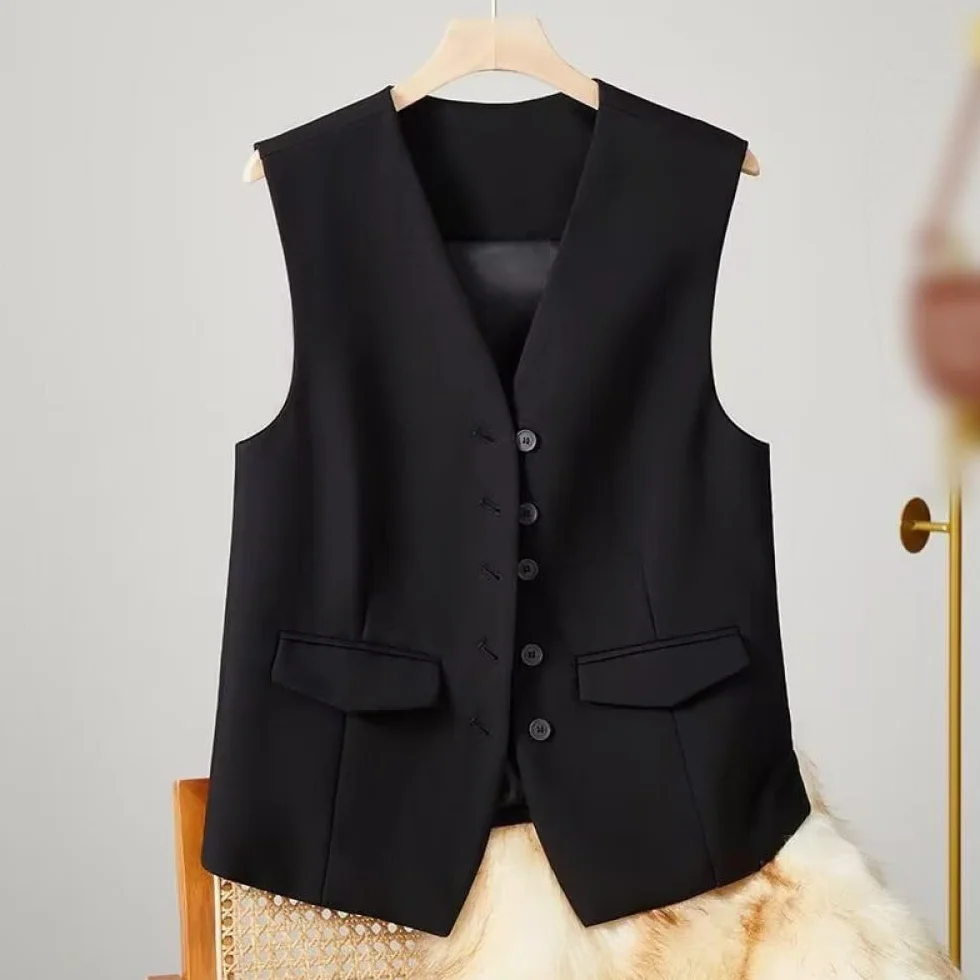 Damska kamizelka bez rękawów Blazer, elegancka smukła biurowa kamizelka płaszcz Retro Party kamizelka, V-hals kamizelka, czarny, XL