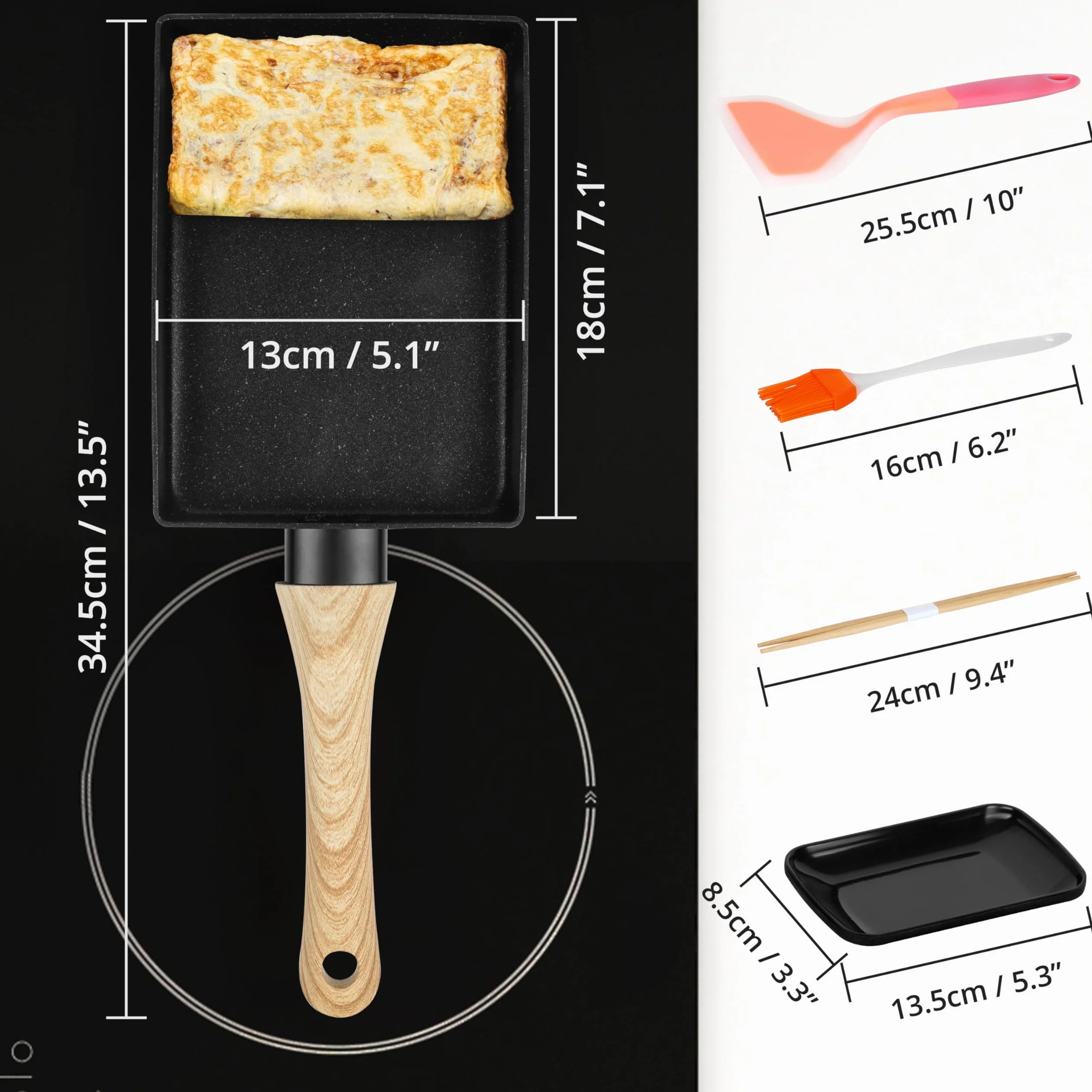 Winter Shore Patelnia do Tamagoyaki Zestaw: Prostokątna Patelnia z Drewnianym Uchwytem, Talerz, Szczotka do Oleju, Łopatka Silikonowa i Pałeczki