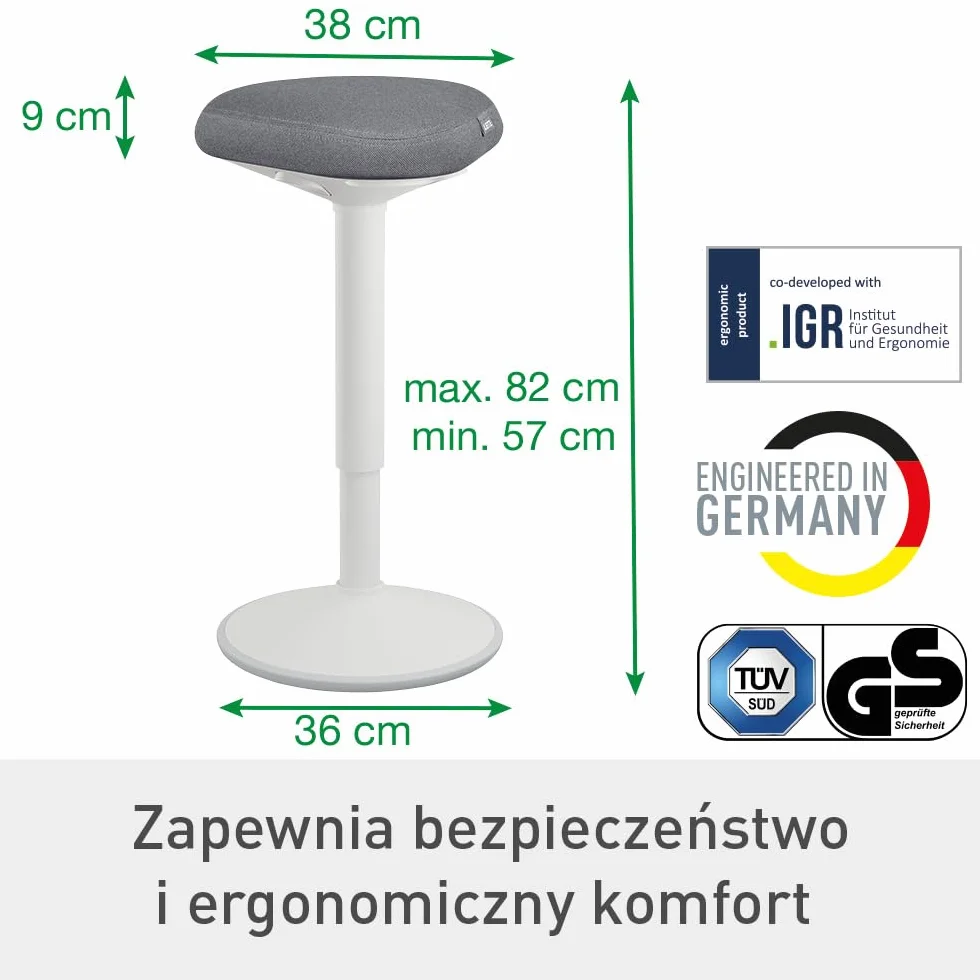 Stołek Leitz Ergo Active z Unikalną Komfortową Poduszką z Pianki o Podwójnej Gęstości, Regulowana Wysokość Od 57 do 82cm, Siedzisko w 100% z Recyklingu, Udźwig 110kg, Seria Ergo, Jasnoszary, 65450085