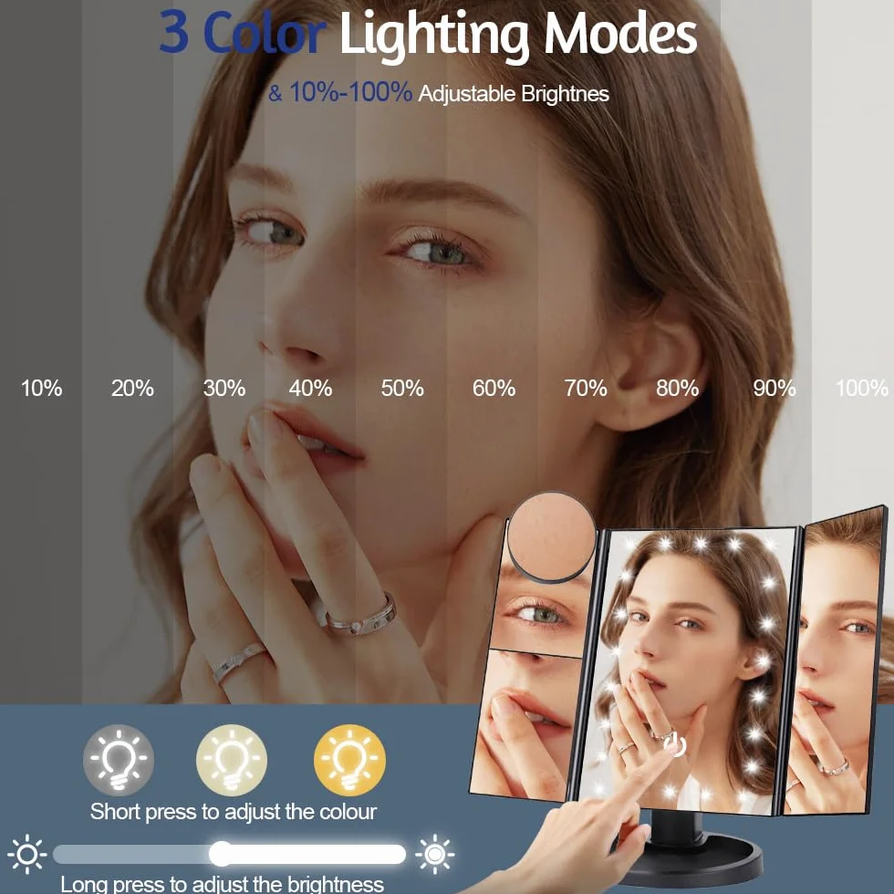 HIYAA Lusterko do makijażu LED 22 diody, składane z powiększeniem 1X/2X/3X/10X, dotykowe, USB, czarne