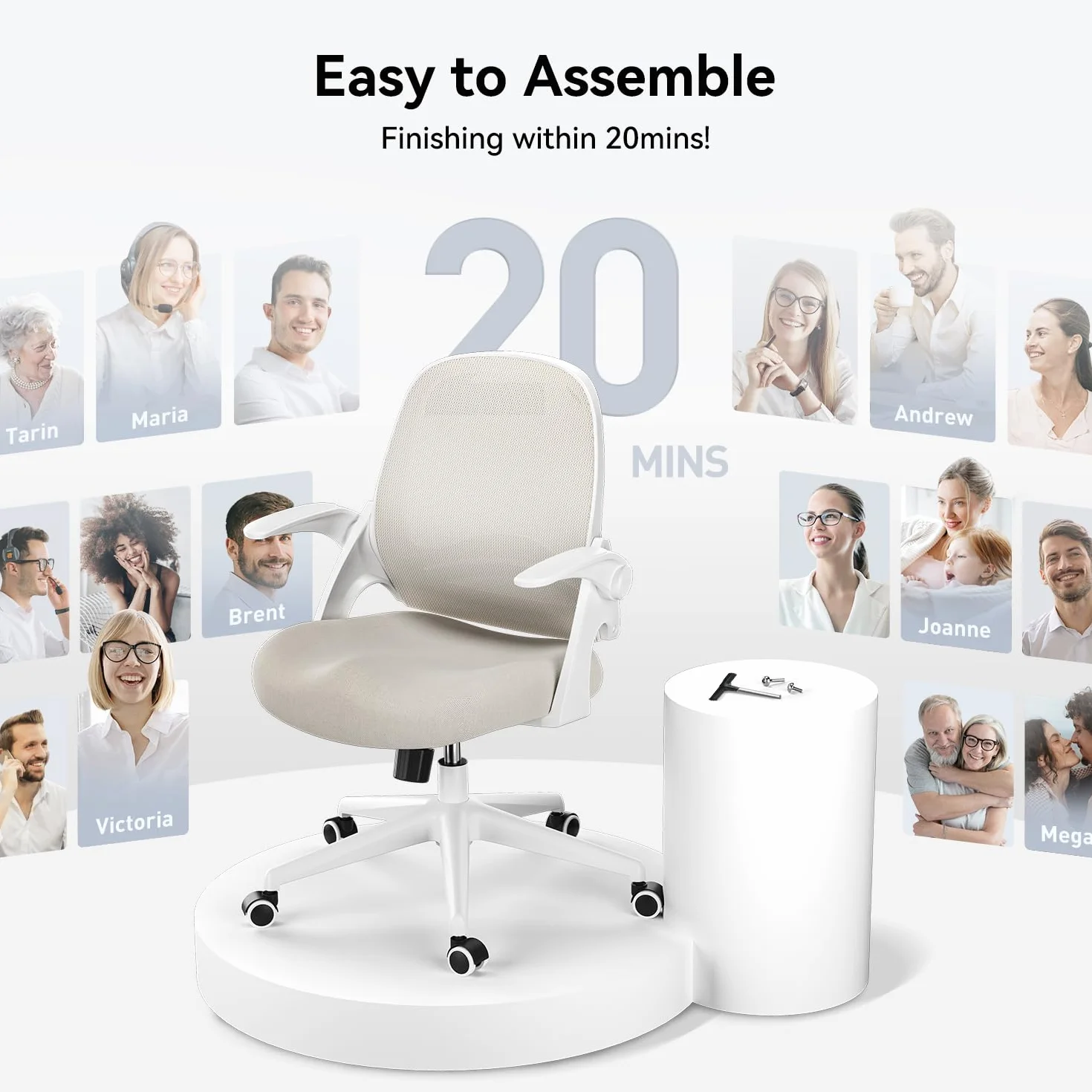 Hbada Ergonomiczne krzesło biurowe fotel z rozkładanym podłokietnikiem płócienne siedzisko obrotowe 360° szare