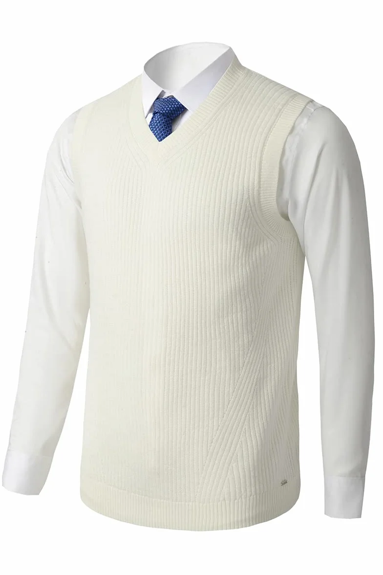 Męski sweter z dzianiny z dekoltem w serek kamizelka zwykły sweter bez rękawów dzianina luźny krój na wszystkie mecze topy, White, S