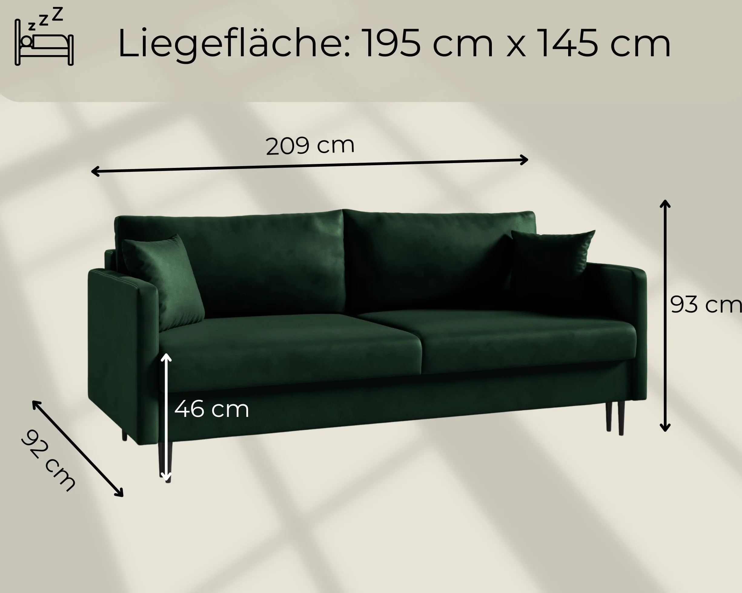 LIKMA Rozkładana Kanapa Mara Kremowa 209x93x92 cm z Funkcją Spania, Pojemnikiem na Pościel, Sofa w Tkaninie Lambi