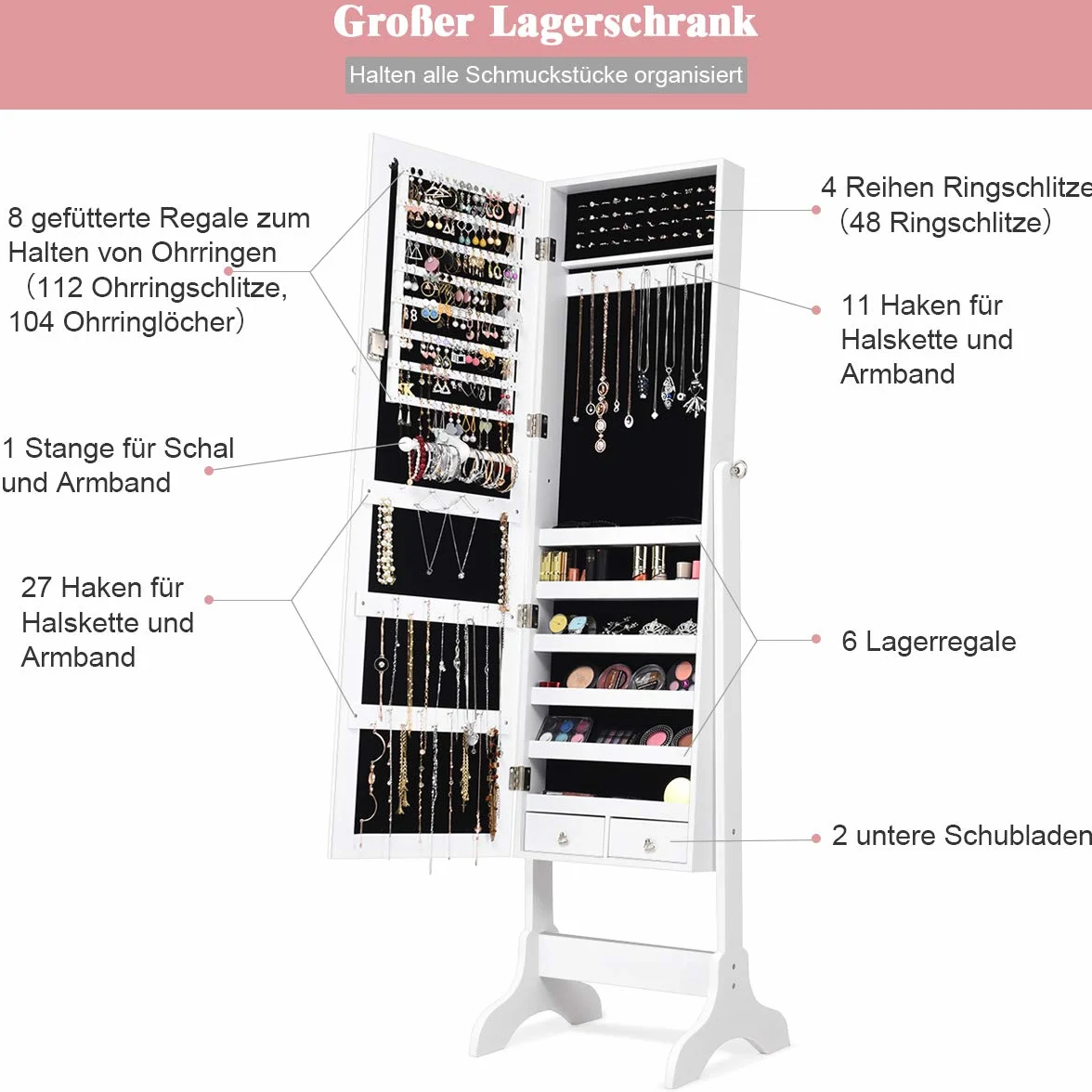COSTWAY Szafka na biżuterię z lustrzem, regał z haczykami na pierścionki i łańcuszki, kolczyki i kosmetyki, wolnostojąca, biała