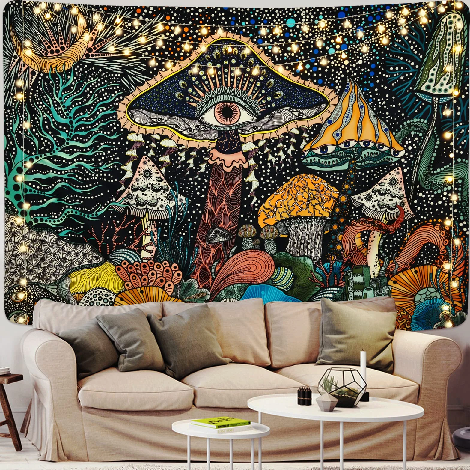 Yrendenge Grzyb dywan ścienny z oczami, chusta na ścianę, morze, stworzenia, ozdoba na ścianę, styl boho, motyw oceanu, psychodeliczny, dekoracyjny dywan ścienny do sypialni, 235 x 180 cm