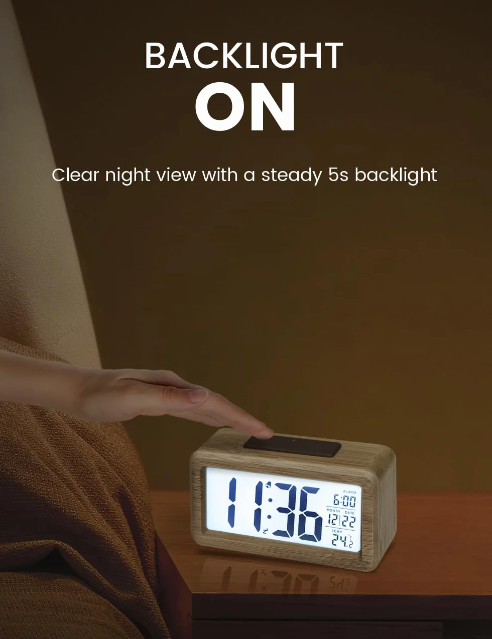 aboveClock Cyfrowy Budzik Z Drewna Duży Wyświetlacz Temperatury Zegar Stołowy Funkcja Drzemki Regulowana Jasność Bambus